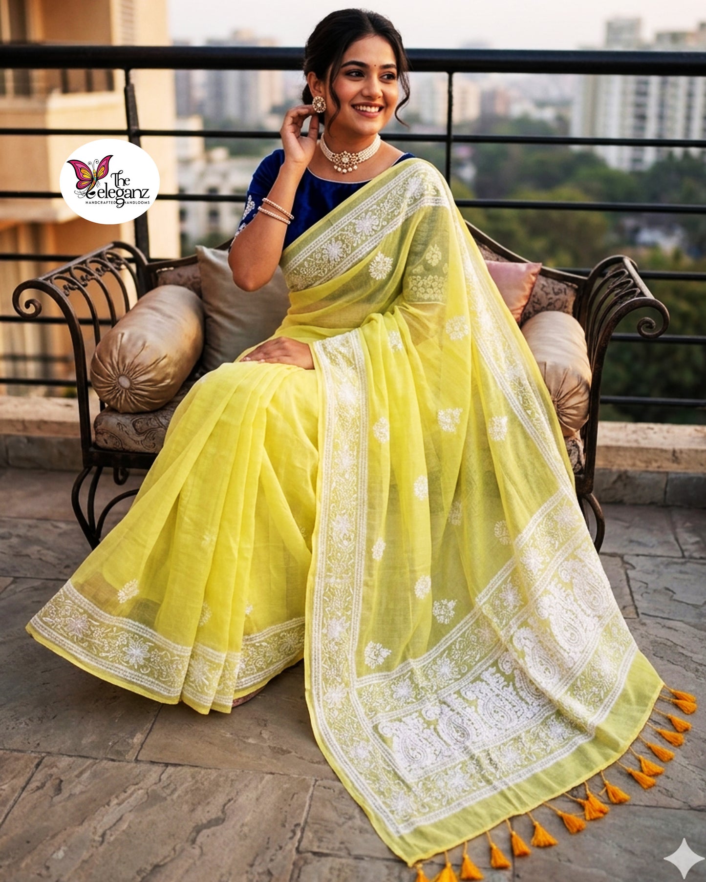 Sunflower Mul Cotton Chikankari Saree