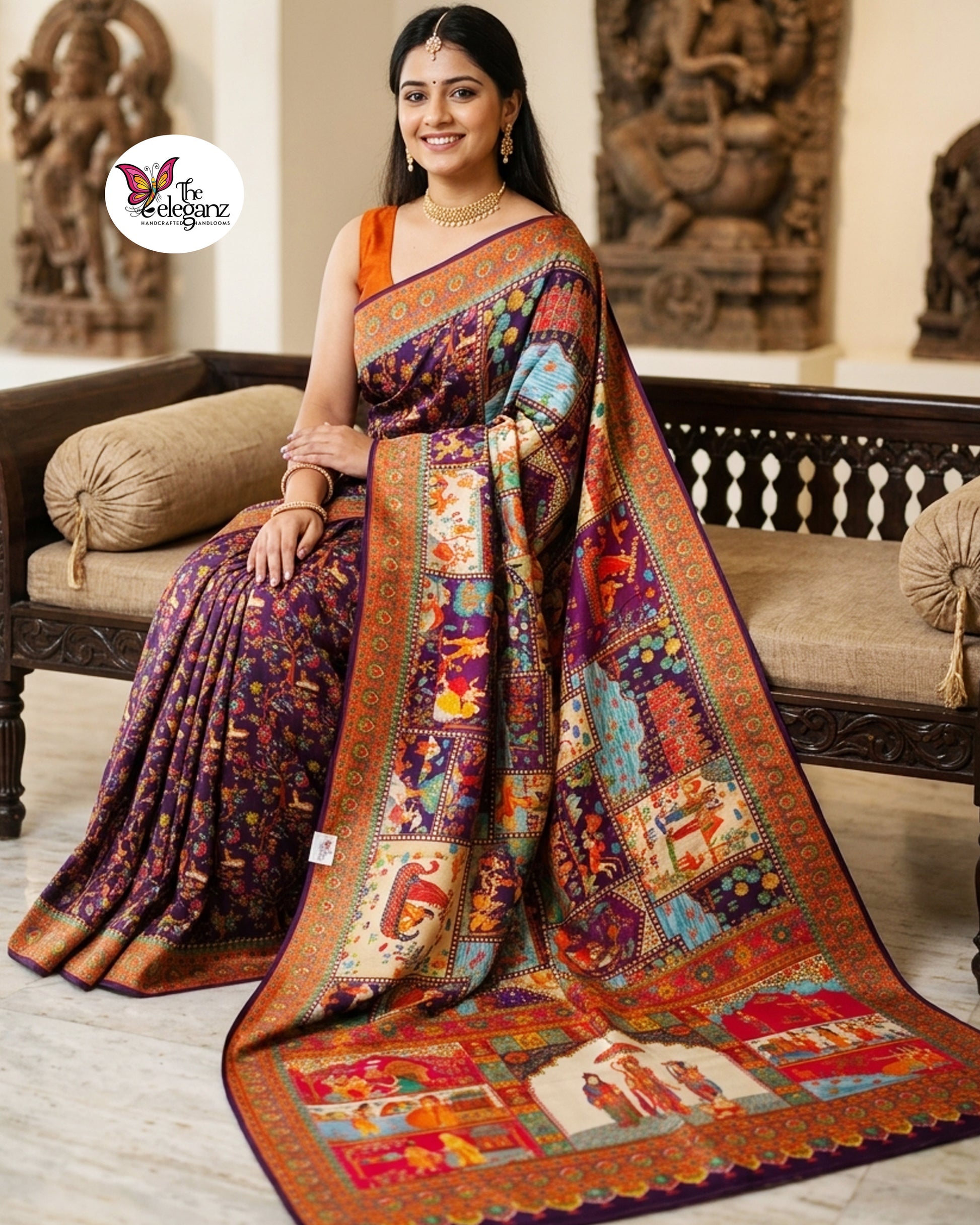 Woman wearing a royal purple Kanni Silk saree featuring intricate Ramayana-inspired woven story panels, mythological motifs, heritage artwork, and a grand decorative pallu with matching blouse piece.

This Ramayana angle will perform significantly better in search because people actively search terms like Ramayana saree, mythological saree, temple saree, heritage silk saree, and religious occasion saree, whereas "woven work" alone is much less discoverable.
