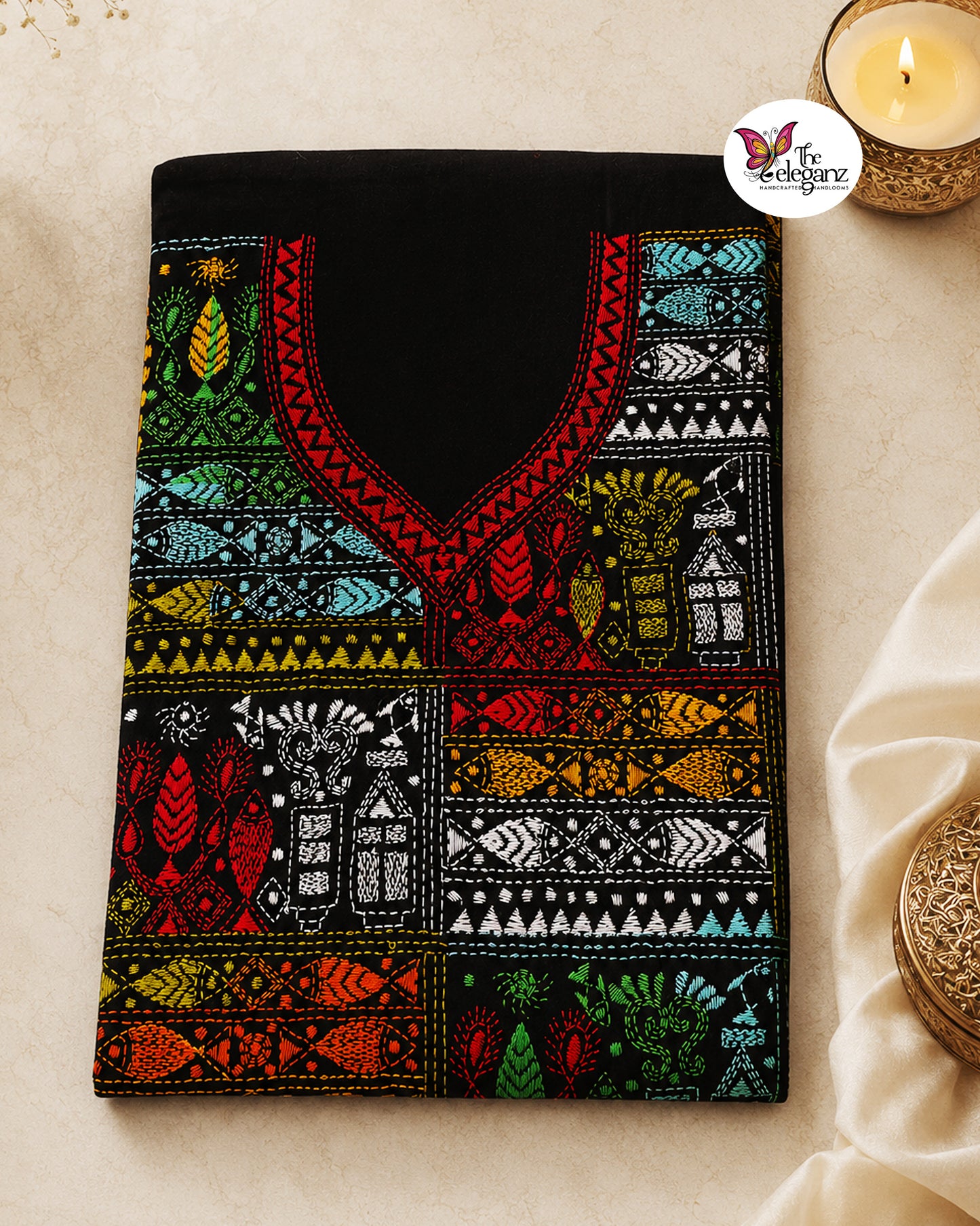 Meenakshi – Black Multicolour Fish Motif Kantha Cotton Kurti Piece
