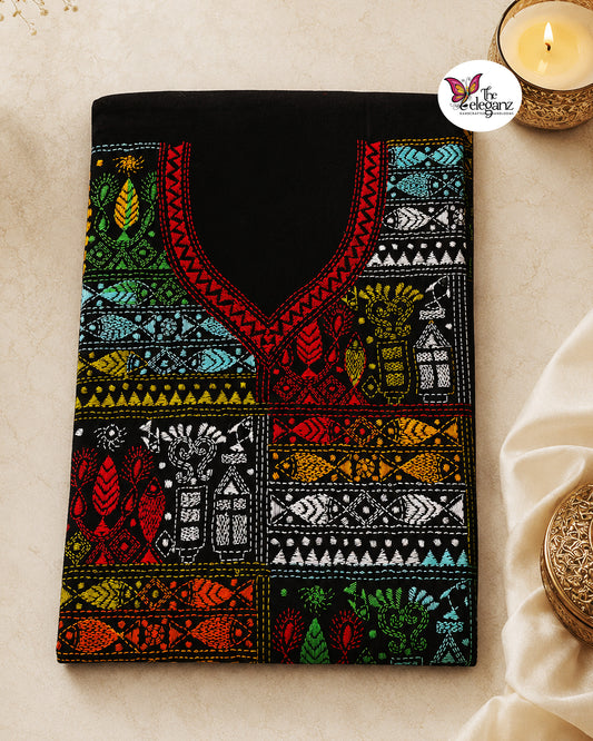 Meenakshi – Black Multicolour Fish Motif Kantha Cotton Kurti Piece