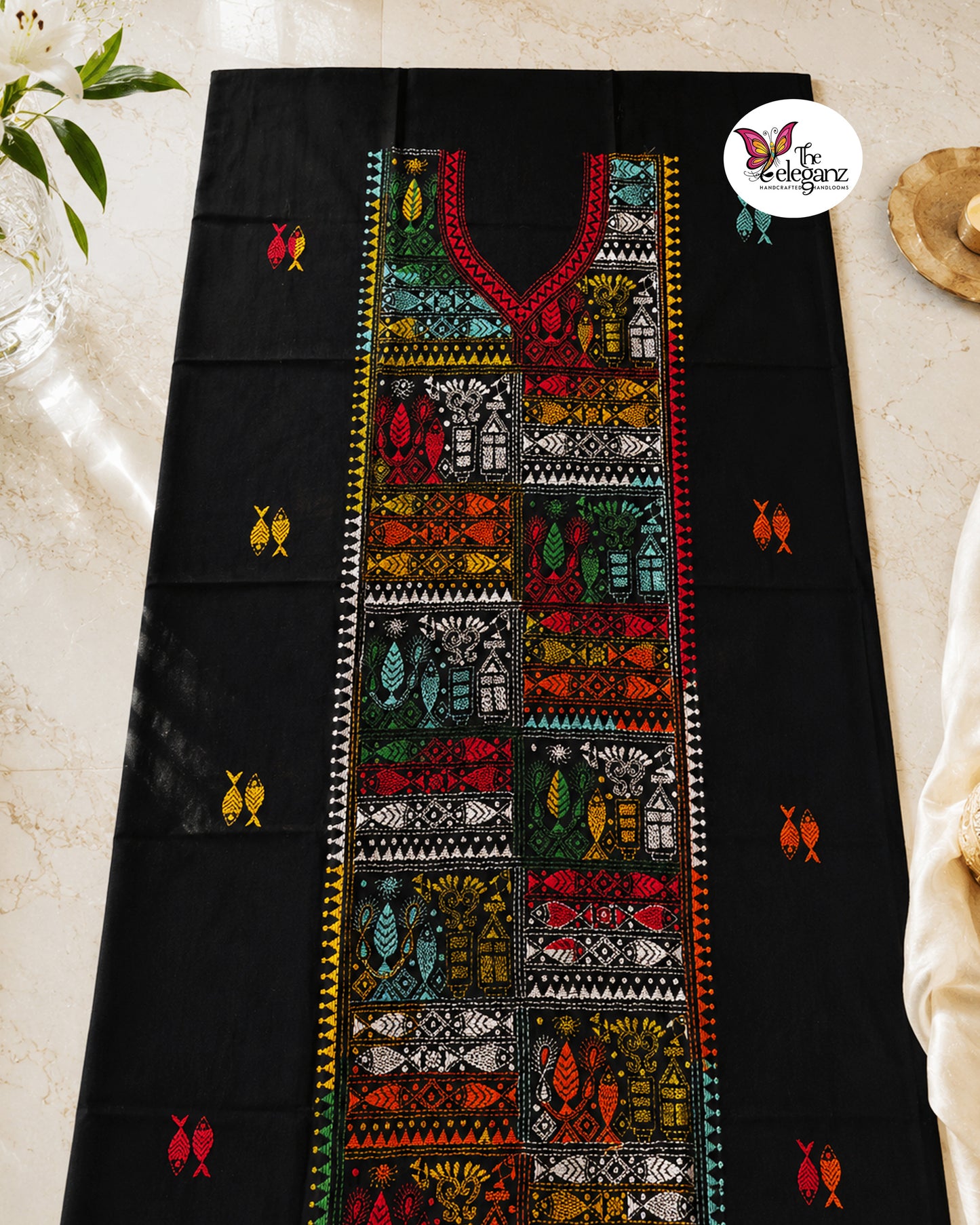 Meenakshi – Black Multicolour Fish Motif Kantha Cotton Kurti Piece