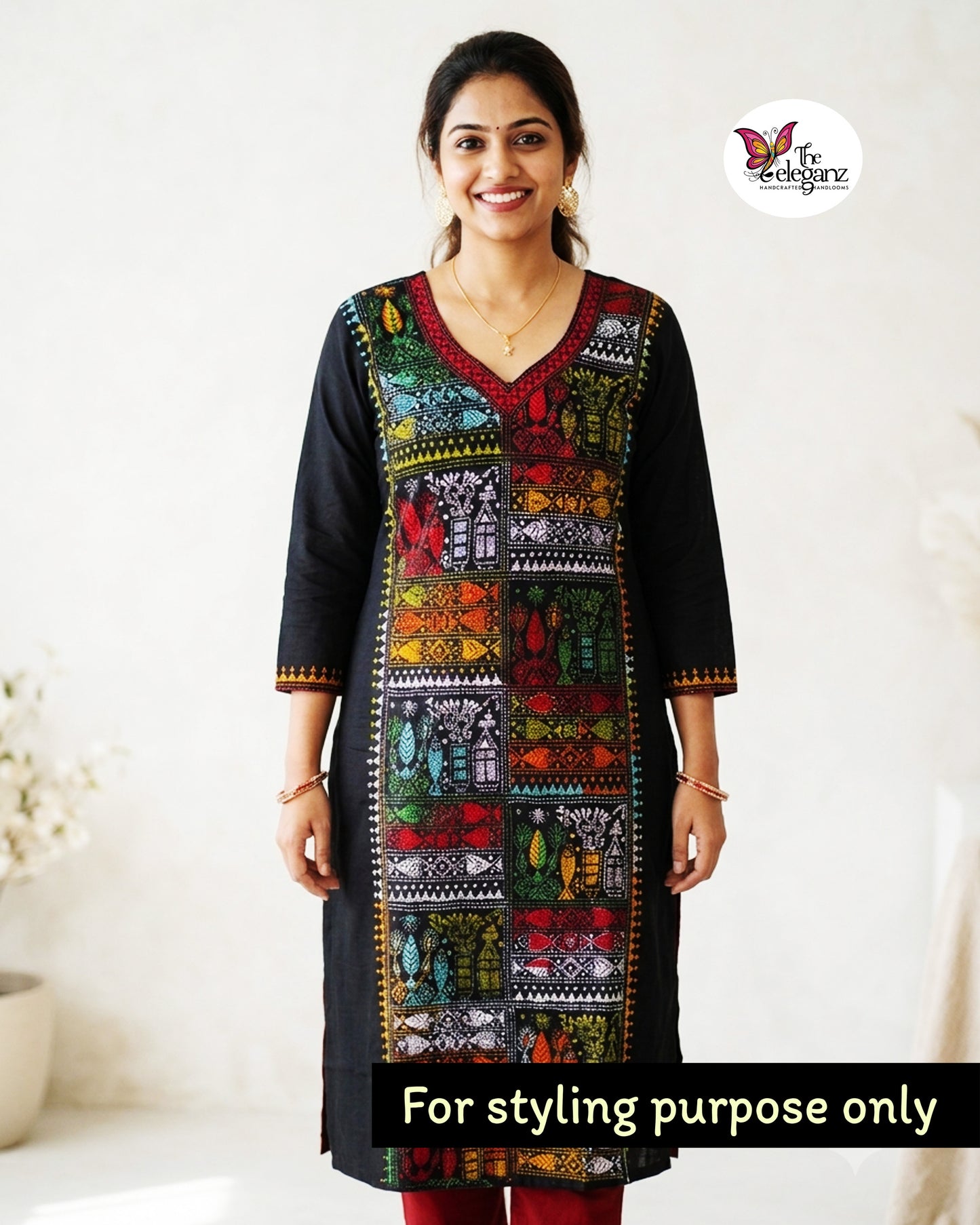 Meenakshi – Black Multicolour Fish Motif Kantha Cotton Kurti Piece