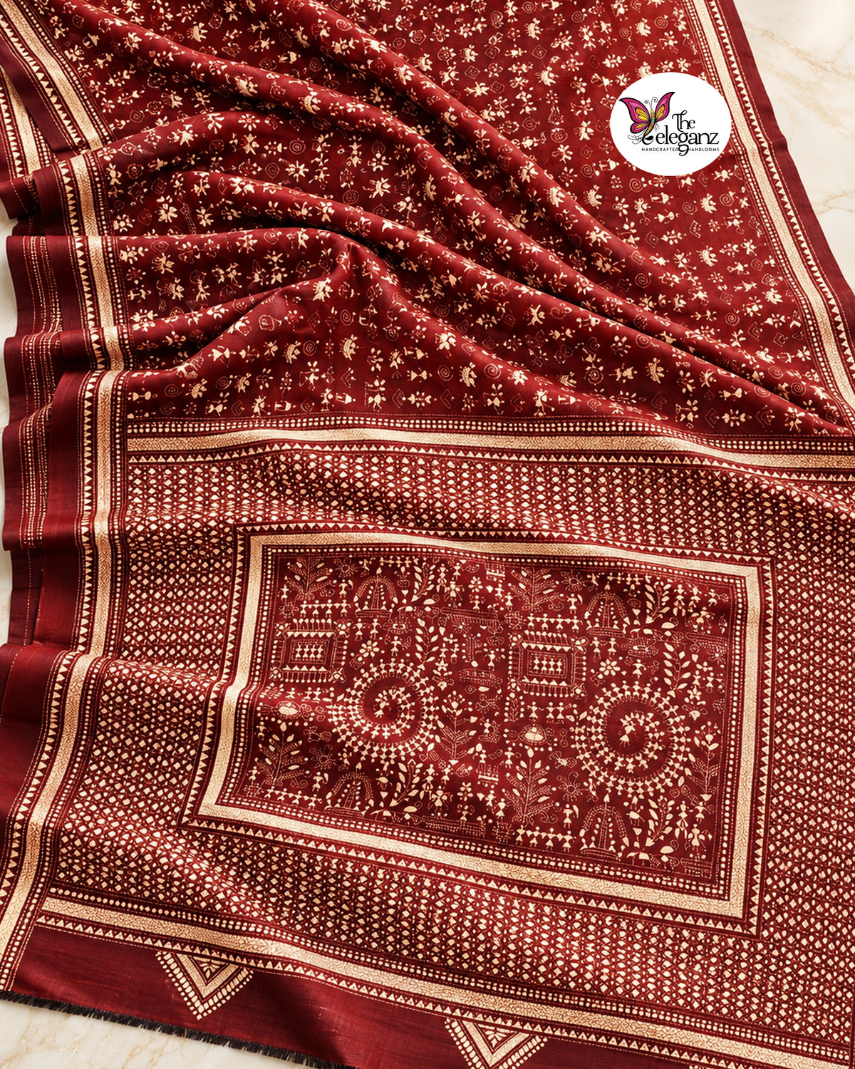 Mrittika – Maroon Folk Kantha Blended Bangalore Silk Saree