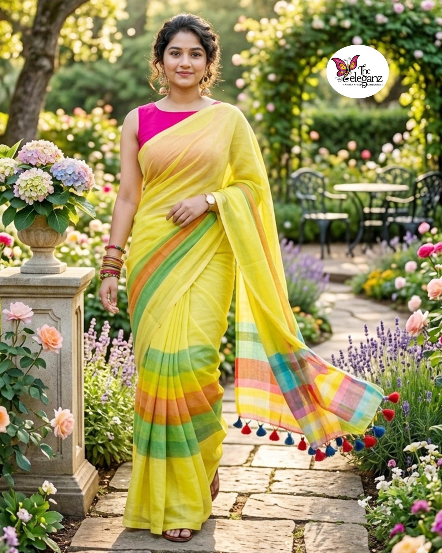 Woman wearing a lemon yellow Mul Cotton saree featuring pastel multicolour checked pallu, woven striped detailing, and handcrafted tassels.