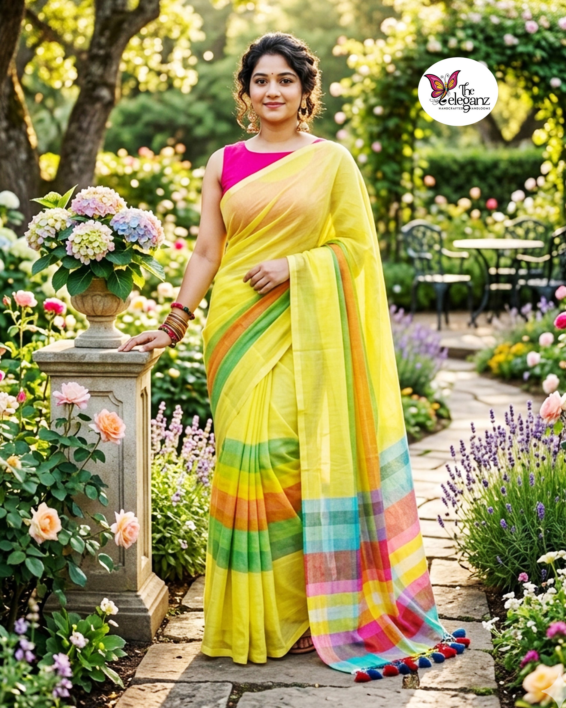 Woman wearing a lemon yellow Mul Cotton saree featuring pastel multicolour checked pallu, woven striped detailing, and handcrafted tassels.