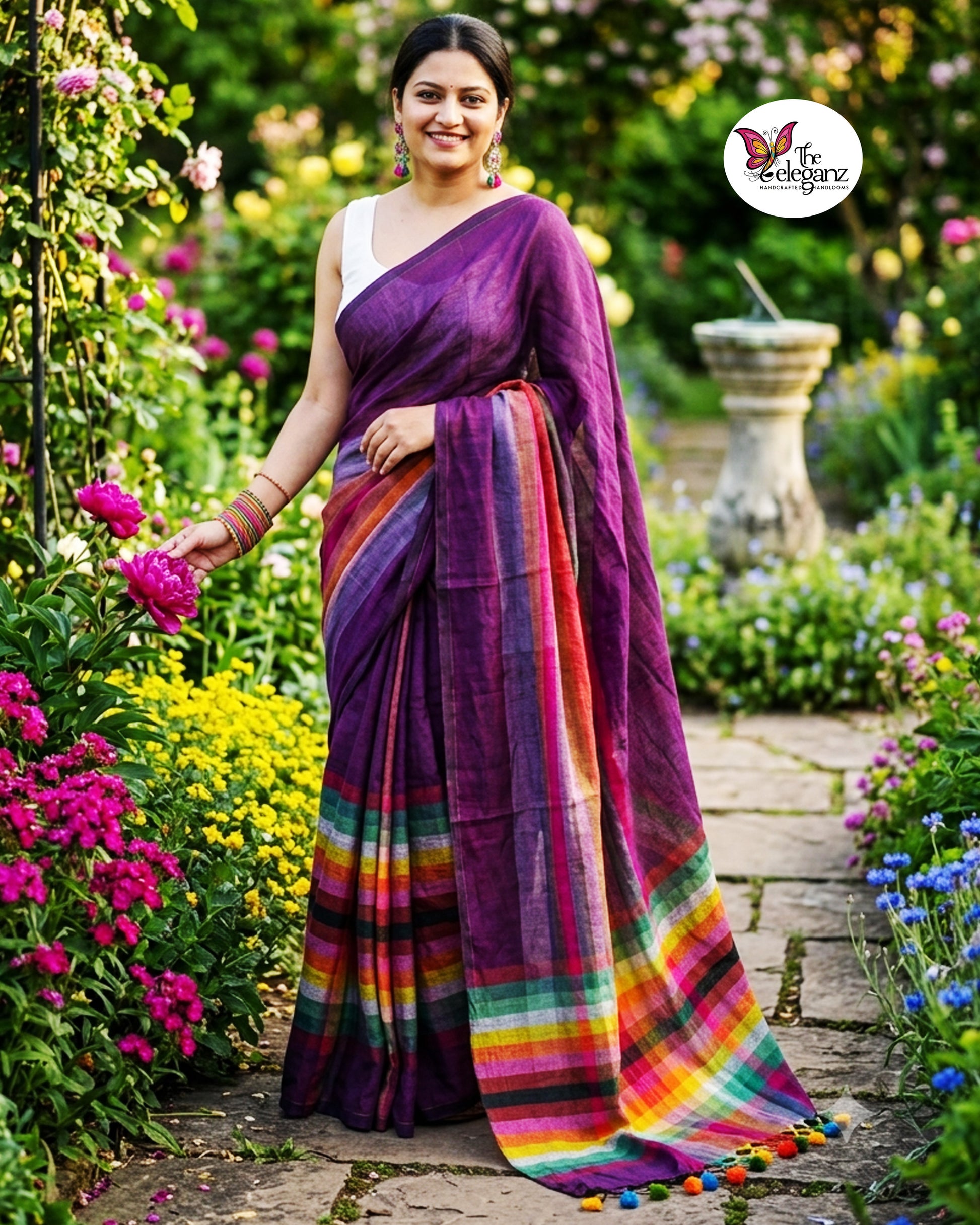 Woman wearing a plum purple Mul Cotton saree featuring colourful checked pallu, multicolour woven detailing, and handcrafted tassels.