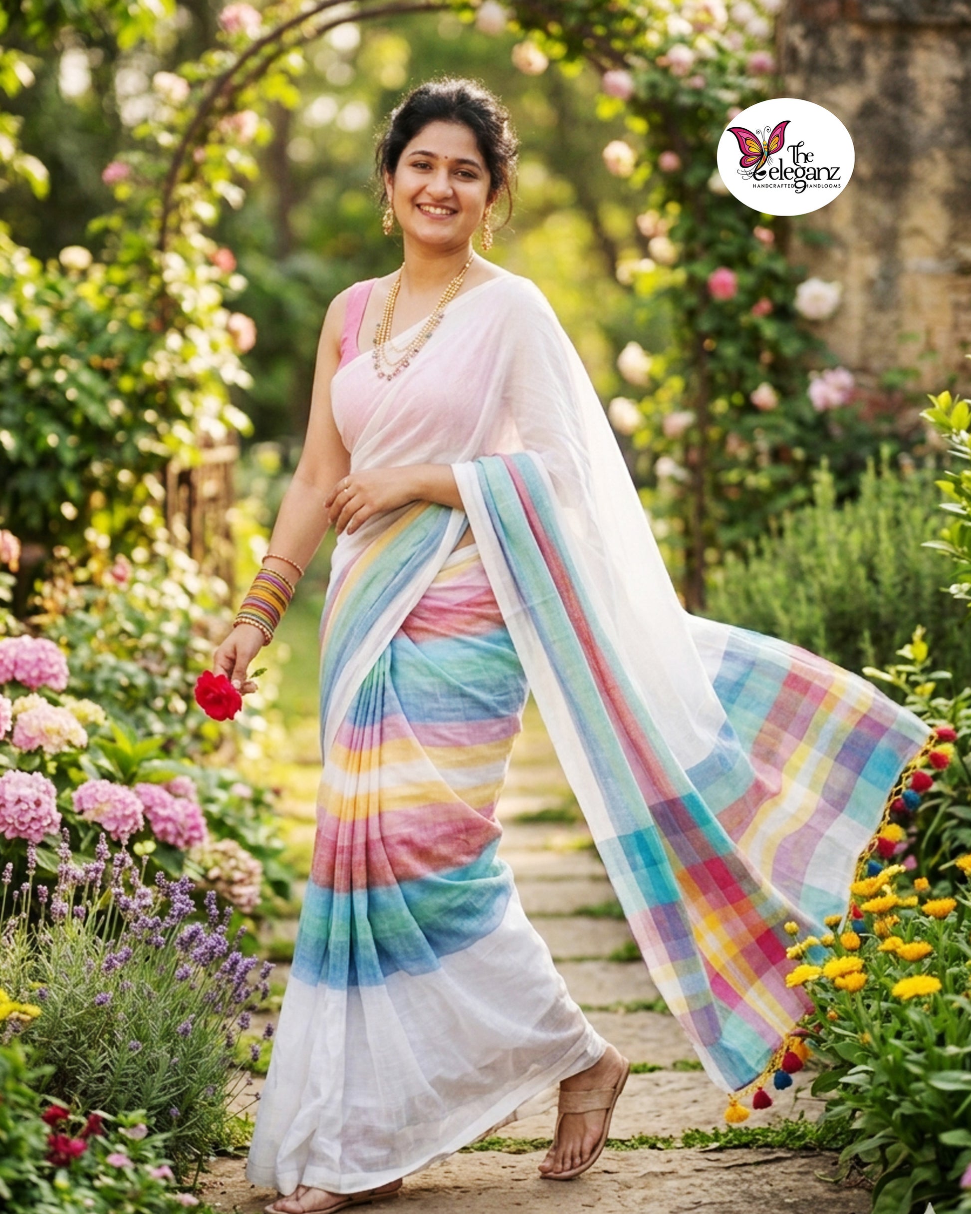 Woman draped in a white Mul Cotton saree featuring pastel multicolour striped border and pallu with colourful handcrafted tassels.