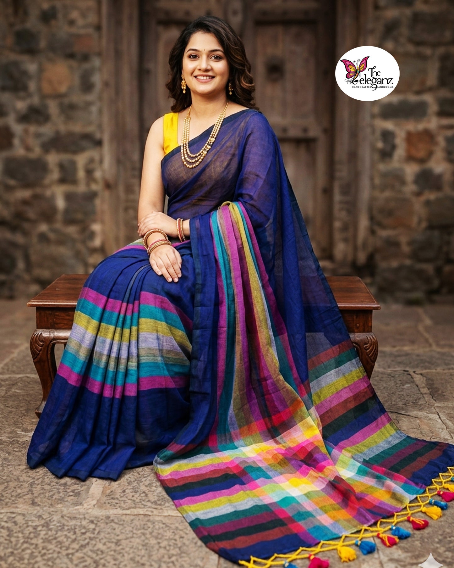 Woman draped in an indigo blue Mul Cotton saree featuring vibrant multicolour striped border and pallu with colourful handcrafted tassels.