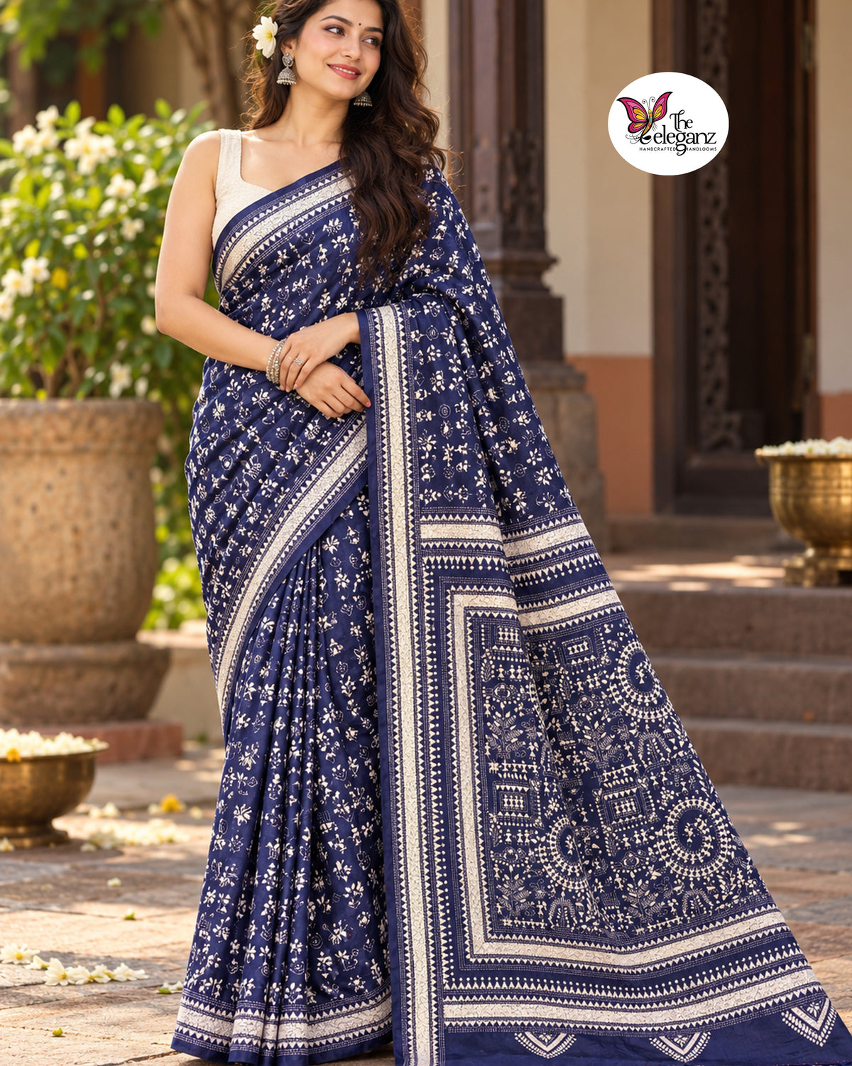Neelambori – Navy Blue Folk Kantha Blended Bangalore Silk Saree