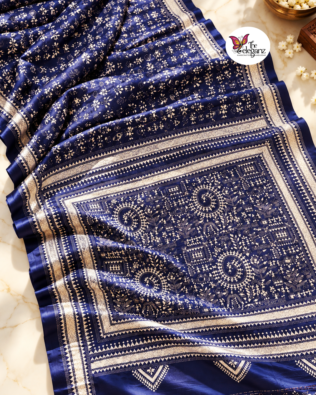 Neelambori – Navy Blue Folk Kantha Blended Bangalore Silk Saree