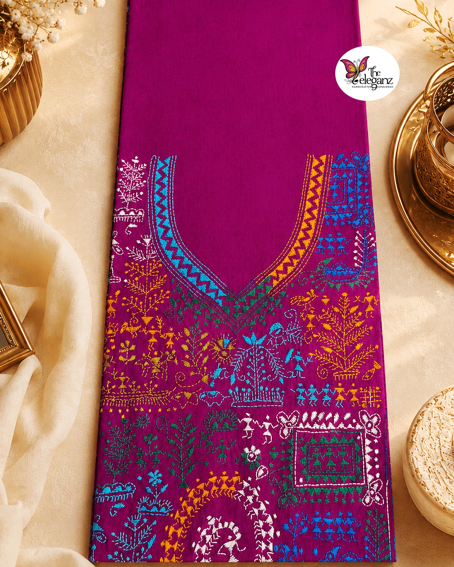 Rupkatha - Authentic Warli-Inspired Kantha Work Cotton Kamiz Piece