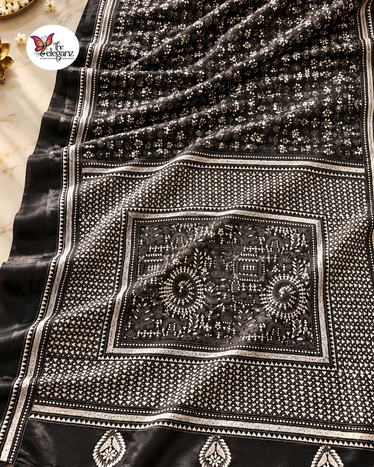 Raatri – Black & White Folk Kantha Blended Bangalore Silk Saree