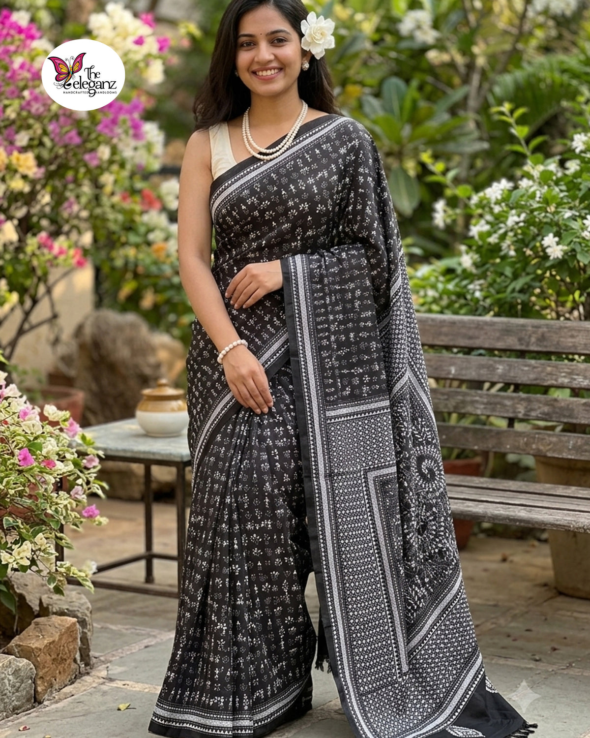 Raatri – Black & White Folk Kantha Blended Bangalore Silk Saree