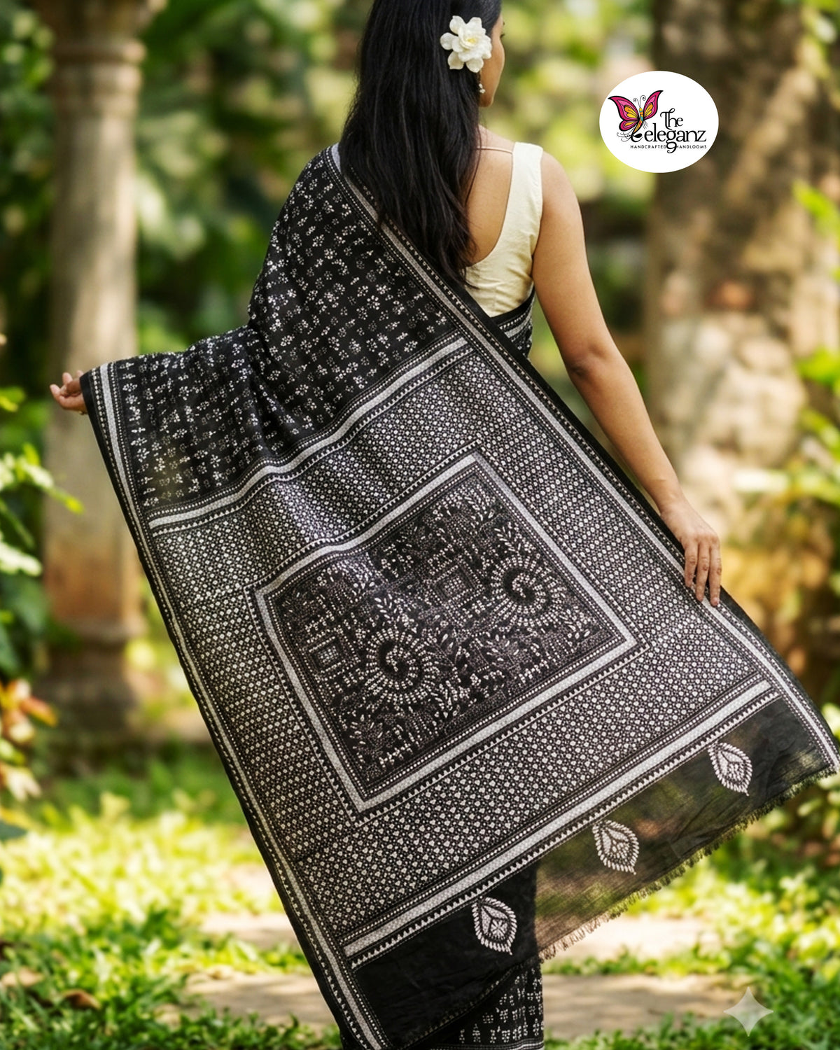 Raatri – Black & White Folk Kantha Blended Bangalore Silk Saree