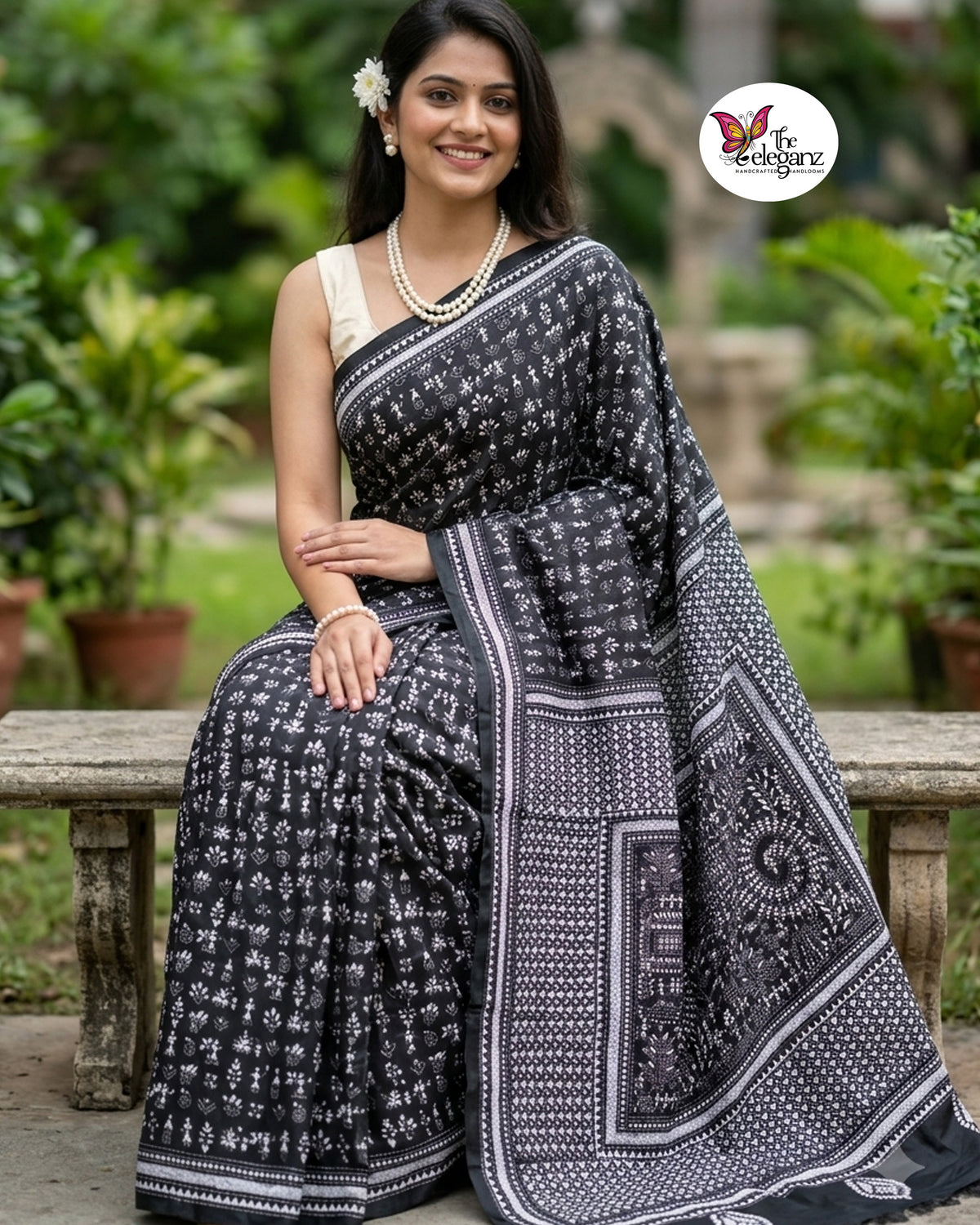 Raatri – Black & White Folk Kantha Blended Bangalore Silk Saree