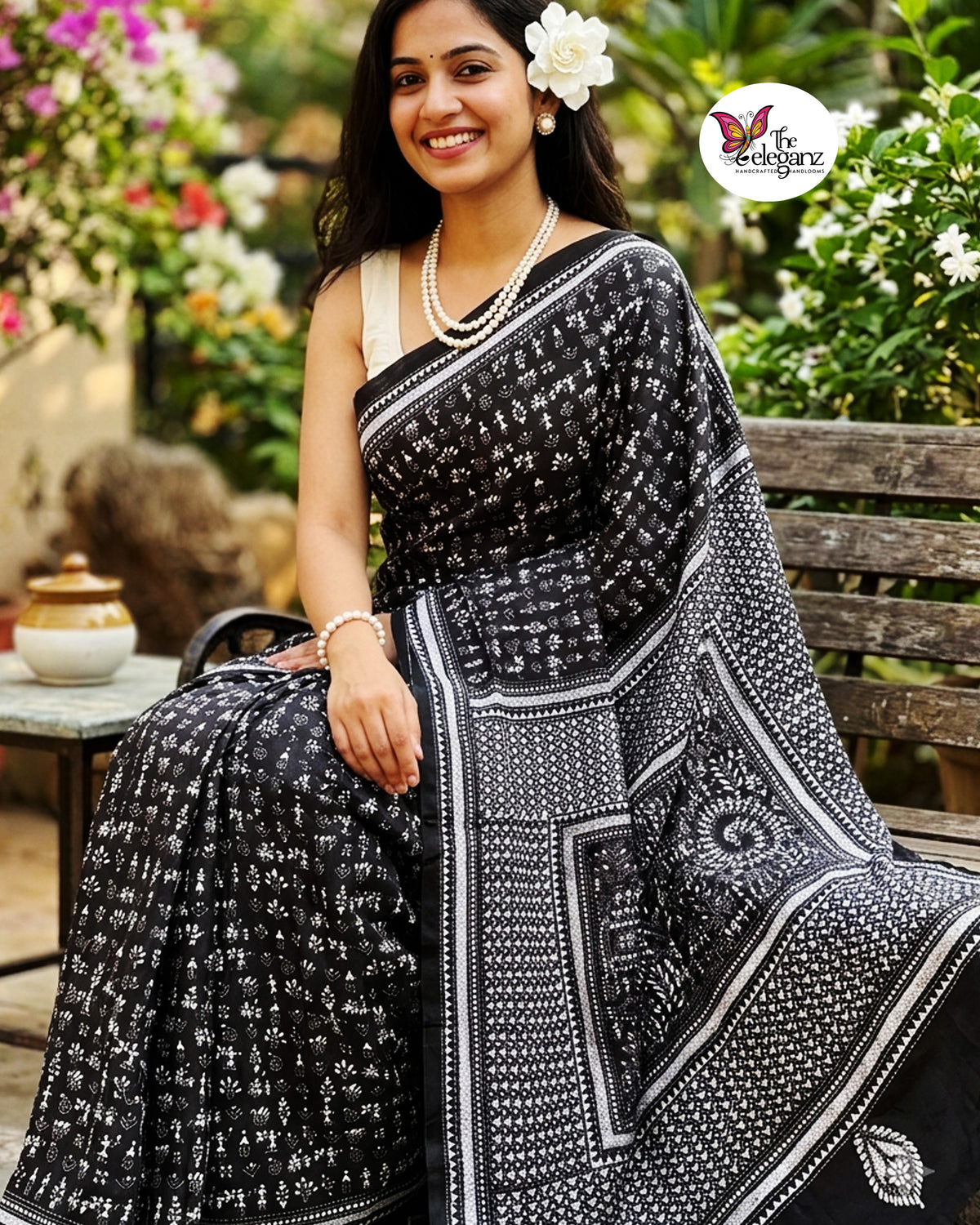 Raatri – Black & White Folk Kantha Blended Bangalore Silk Saree