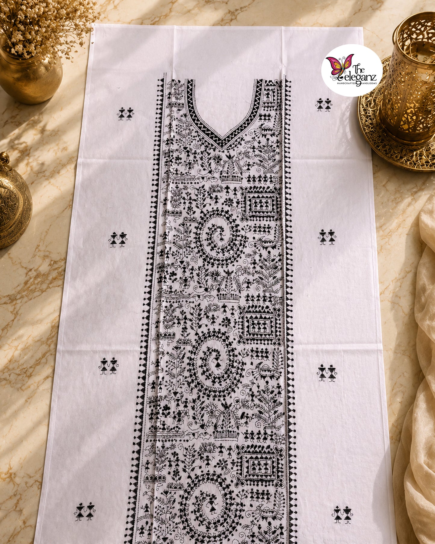 Charulata - Authentic Warli-Inspired Kantha Work Cotton Kamiz Piece