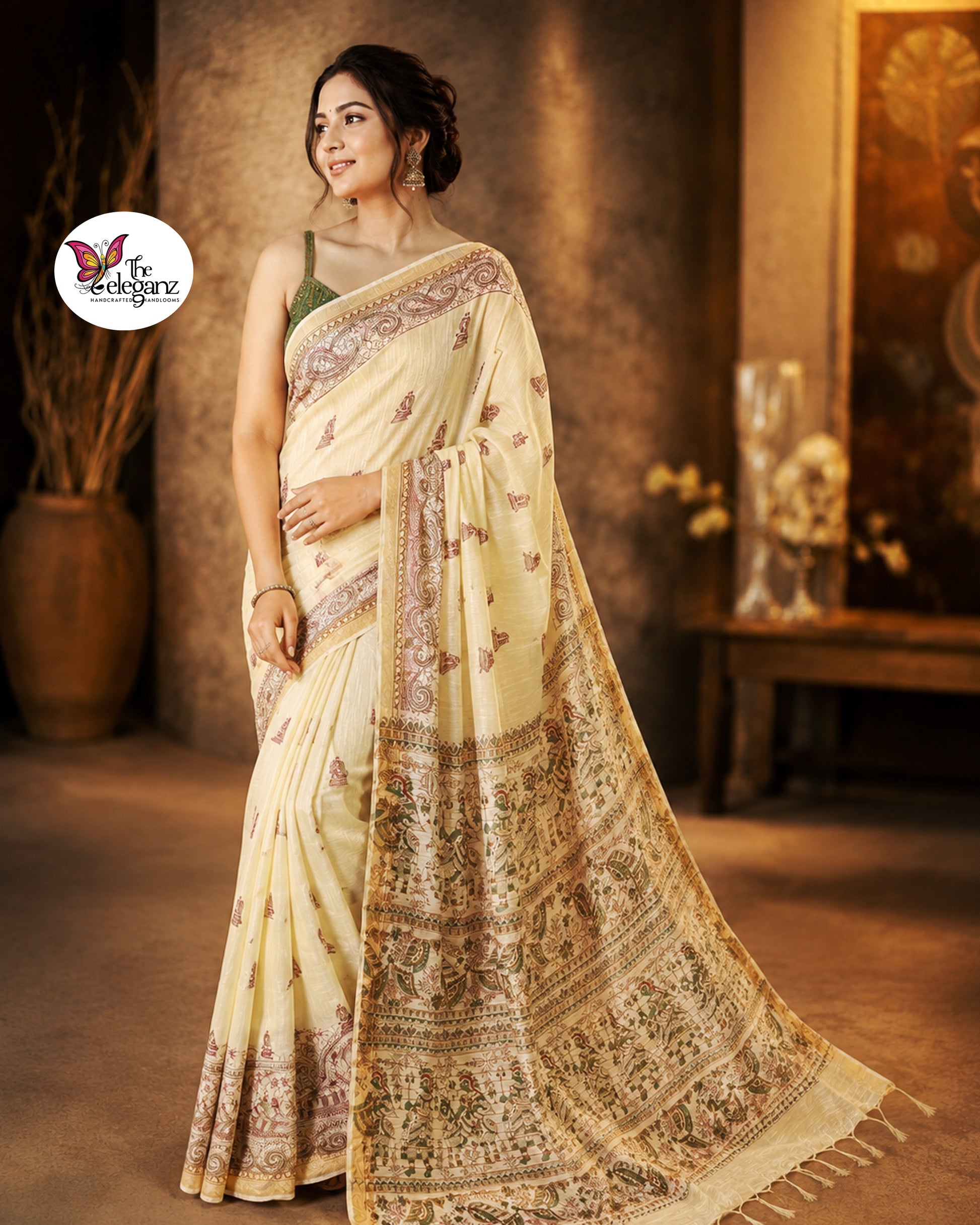 Woman draped in light lemon-yellow Cotton Silk Madhubani saree featuring traditional folk art figures, paisley motifs, and heritage-inspired decorative borders.