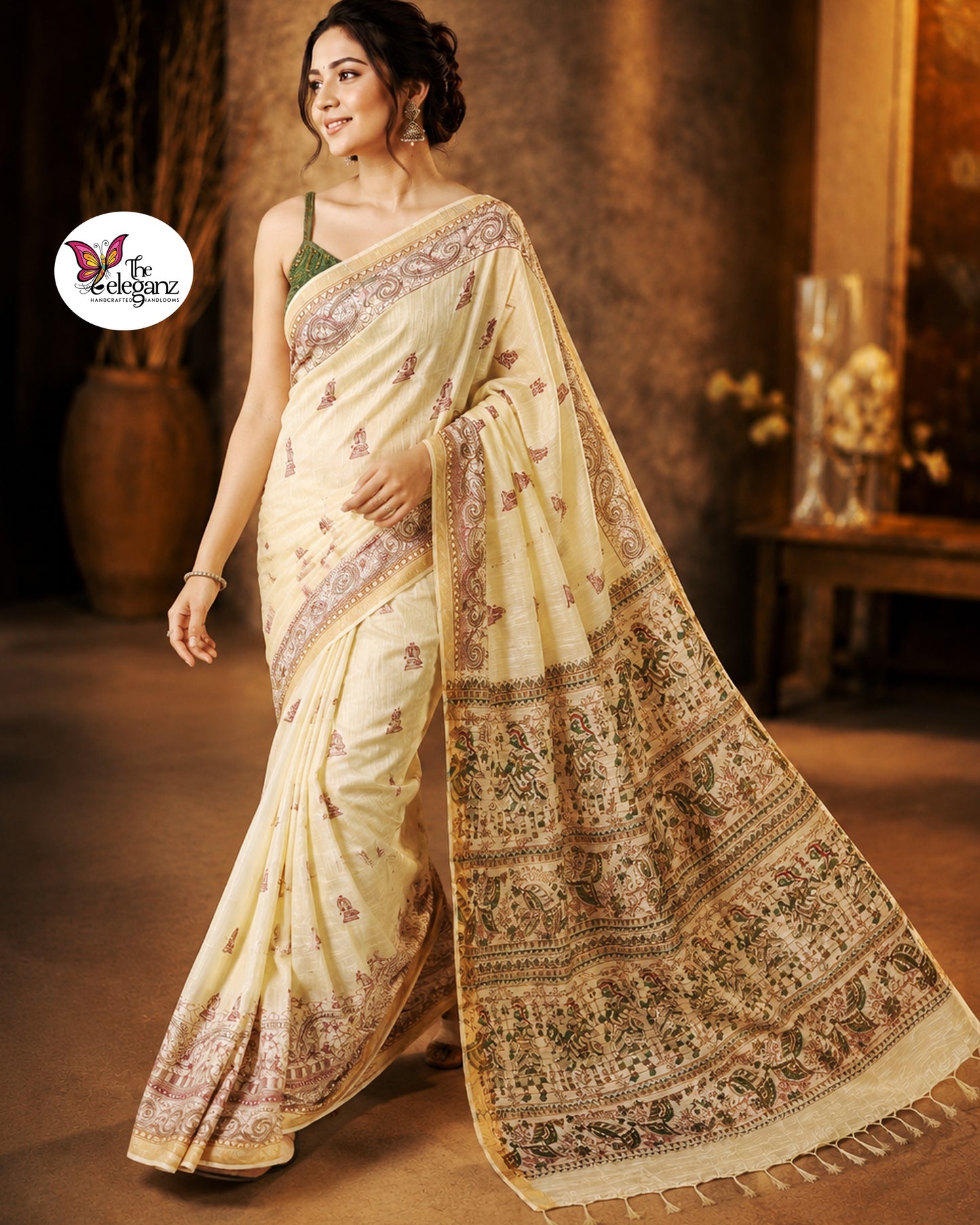 Woman draped in light lemon-yellow Cotton Silk Madhubani saree featuring traditional folk art figures, paisley motifs, and heritage-inspired decorative borders.