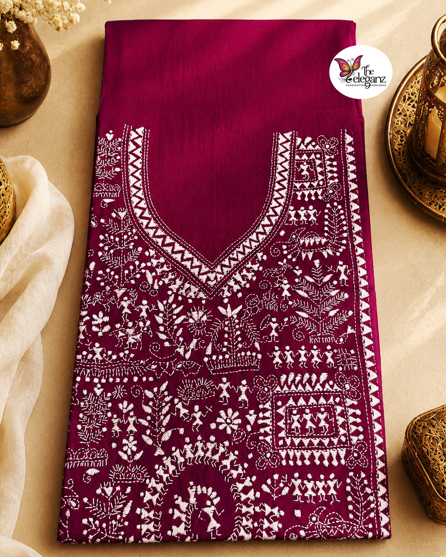 Madhavi – Purple Warli Kantha Cotton Kurti Piece