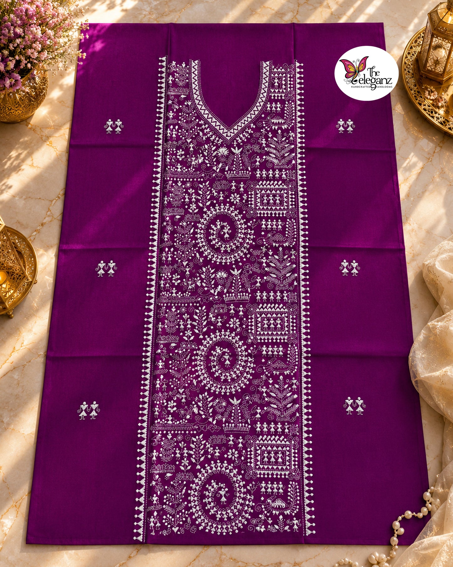 Madhavi – Purple Warli Kantha Cotton Kurti Piece