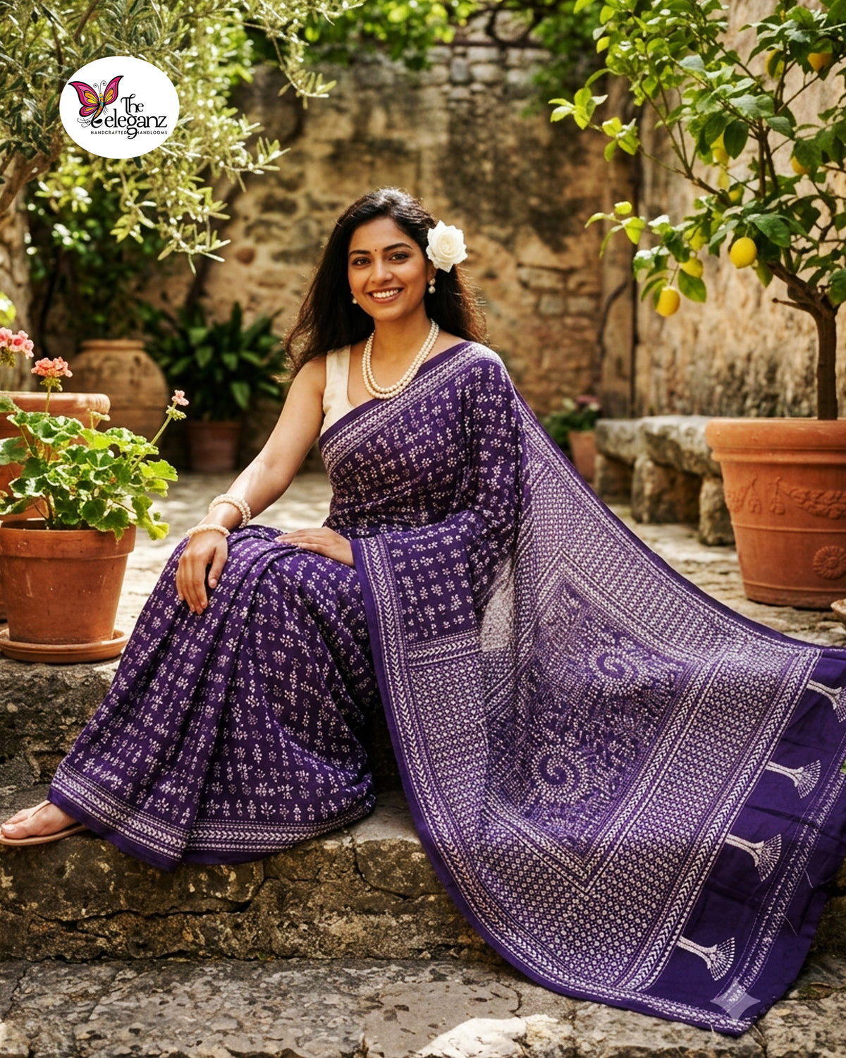 Prerona – Purple & White Folk Kantha Blended Bangalore Silk Saree