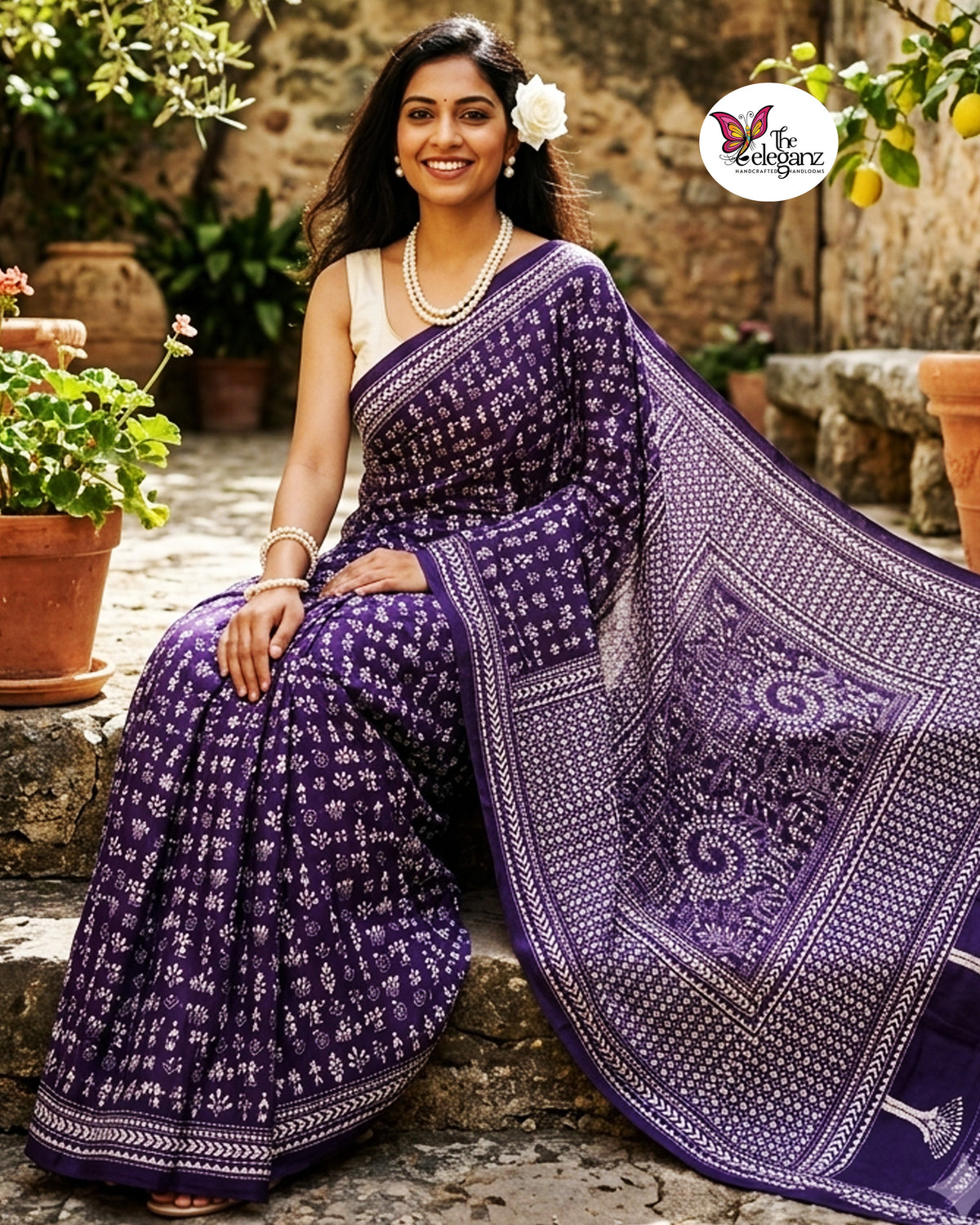 Prerona – Purple & White Folk Kantha Blended Bangalore Silk Saree