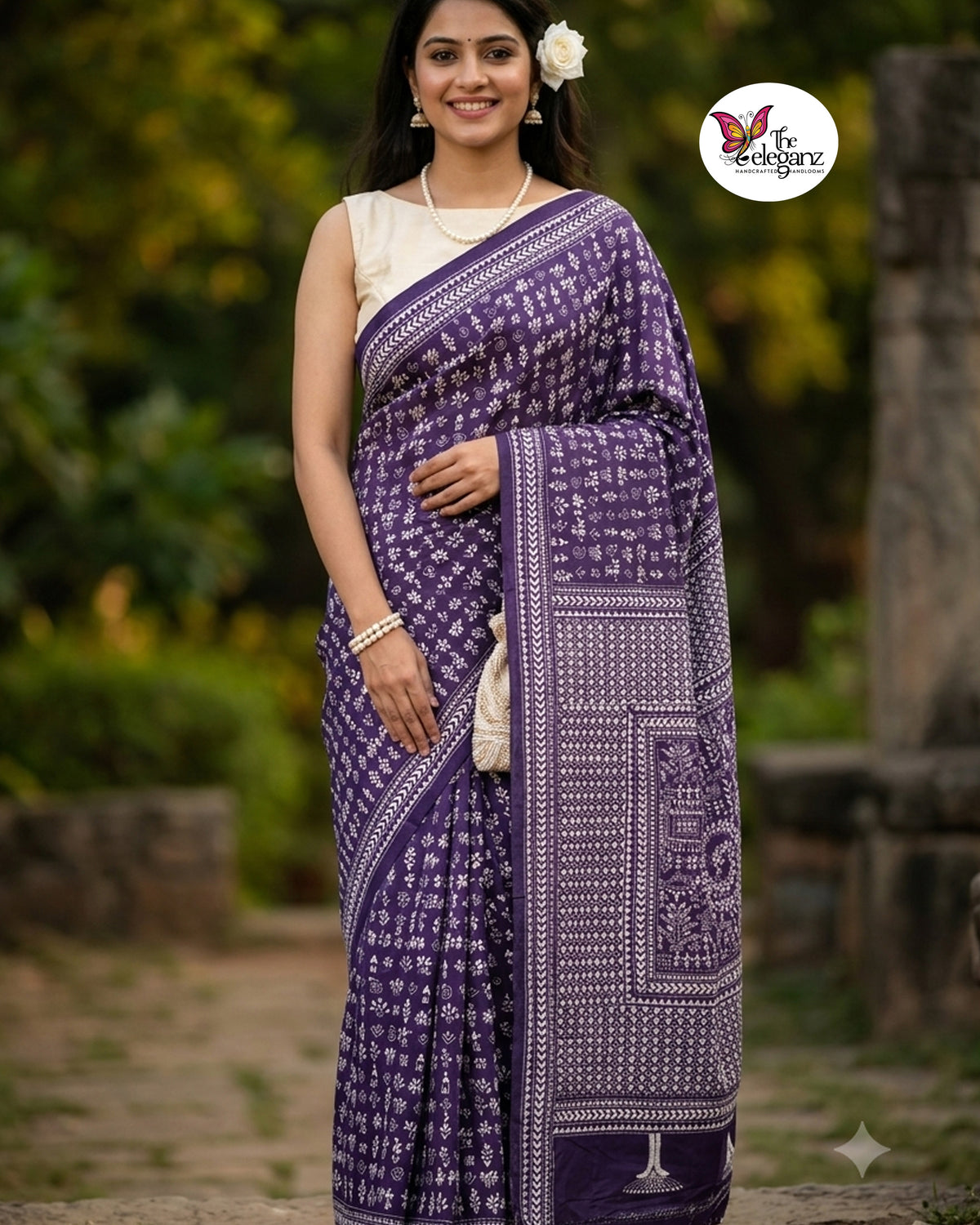 Prerona – Purple & White Folk Kantha Blended Bangalore Silk Saree