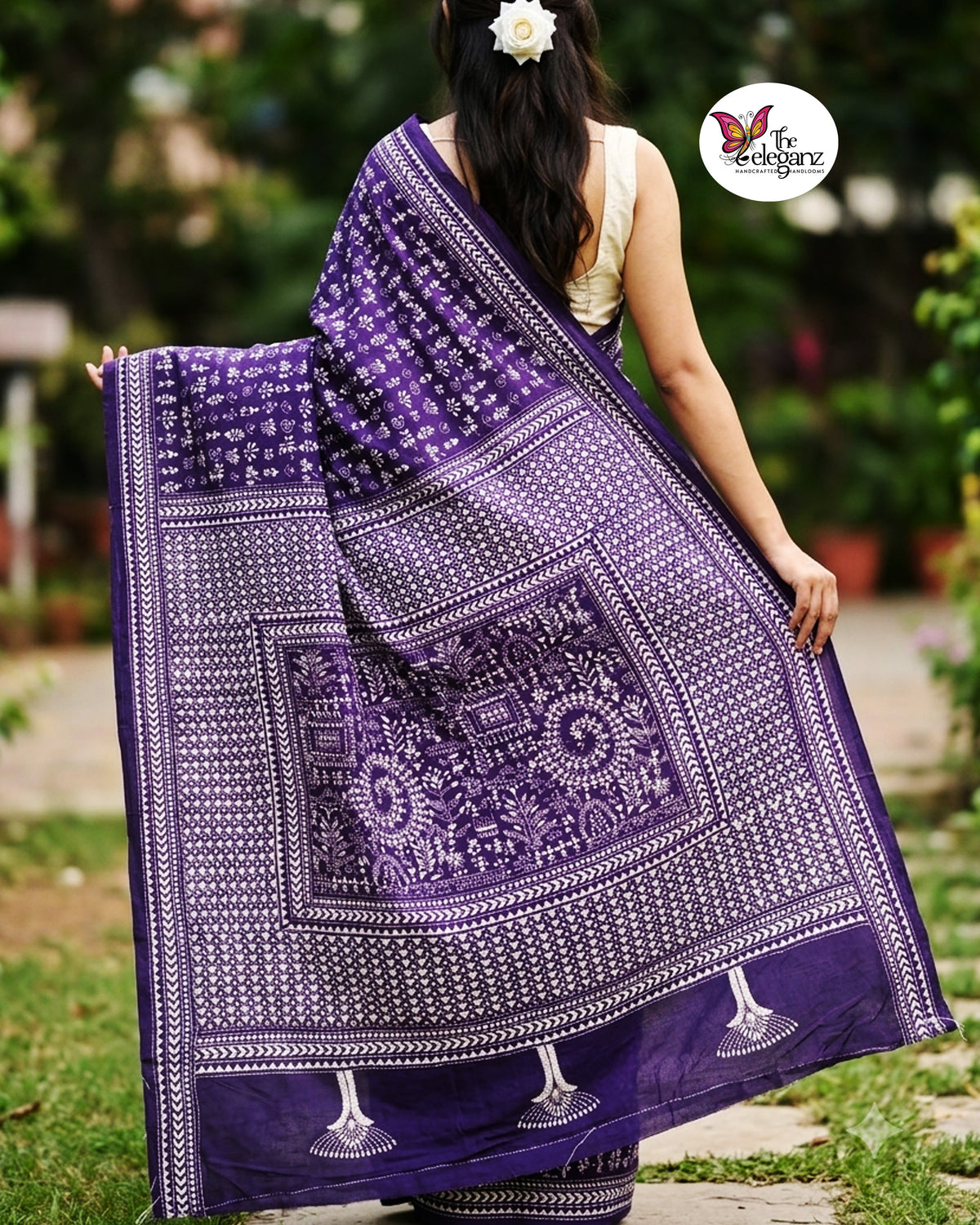 Prerona – Purple & White Folk Kantha Blended Bangalore Silk Saree