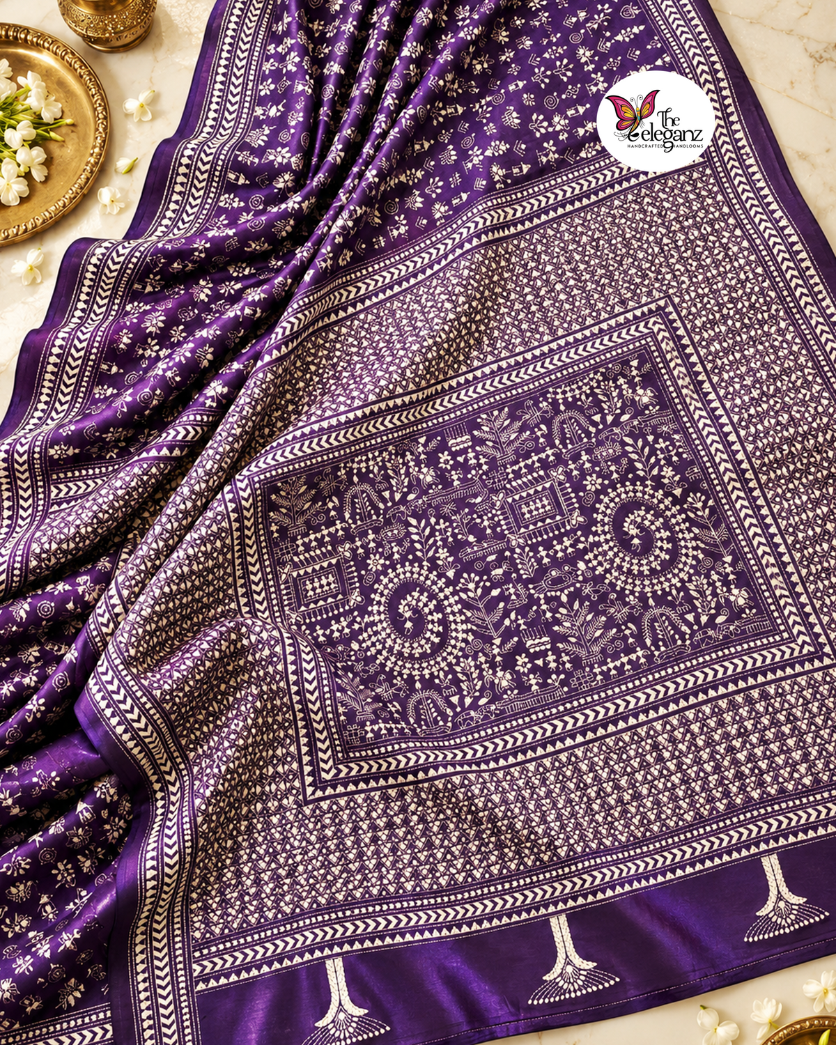 Prerona – Purple & White Folk Kantha Blended Bangalore Silk Saree