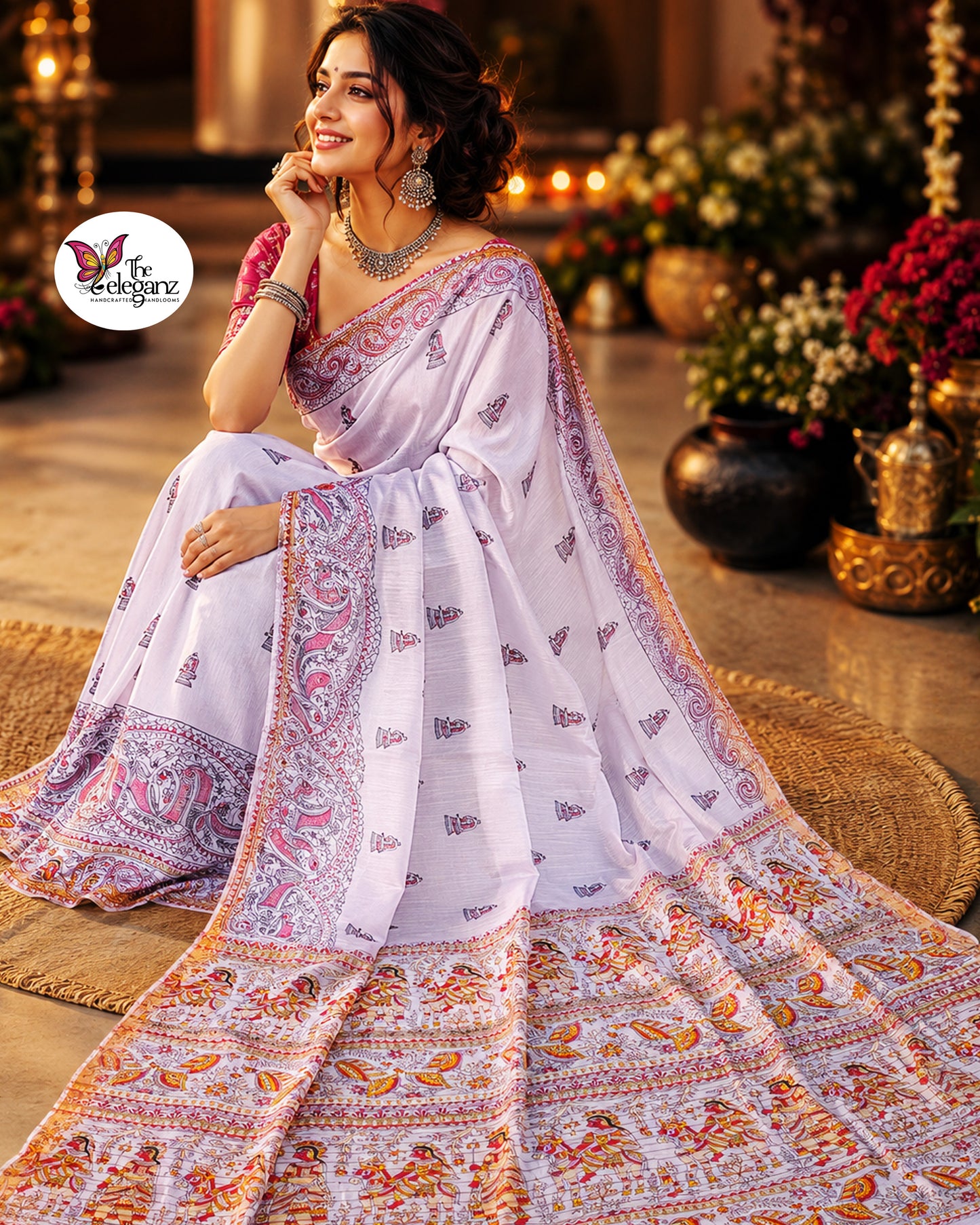 Woman draped in lavender Cotton Silk Madhubani saree featuring traditional folk art figures, paisley motifs, and intricate heritage-inspired decorative borders.