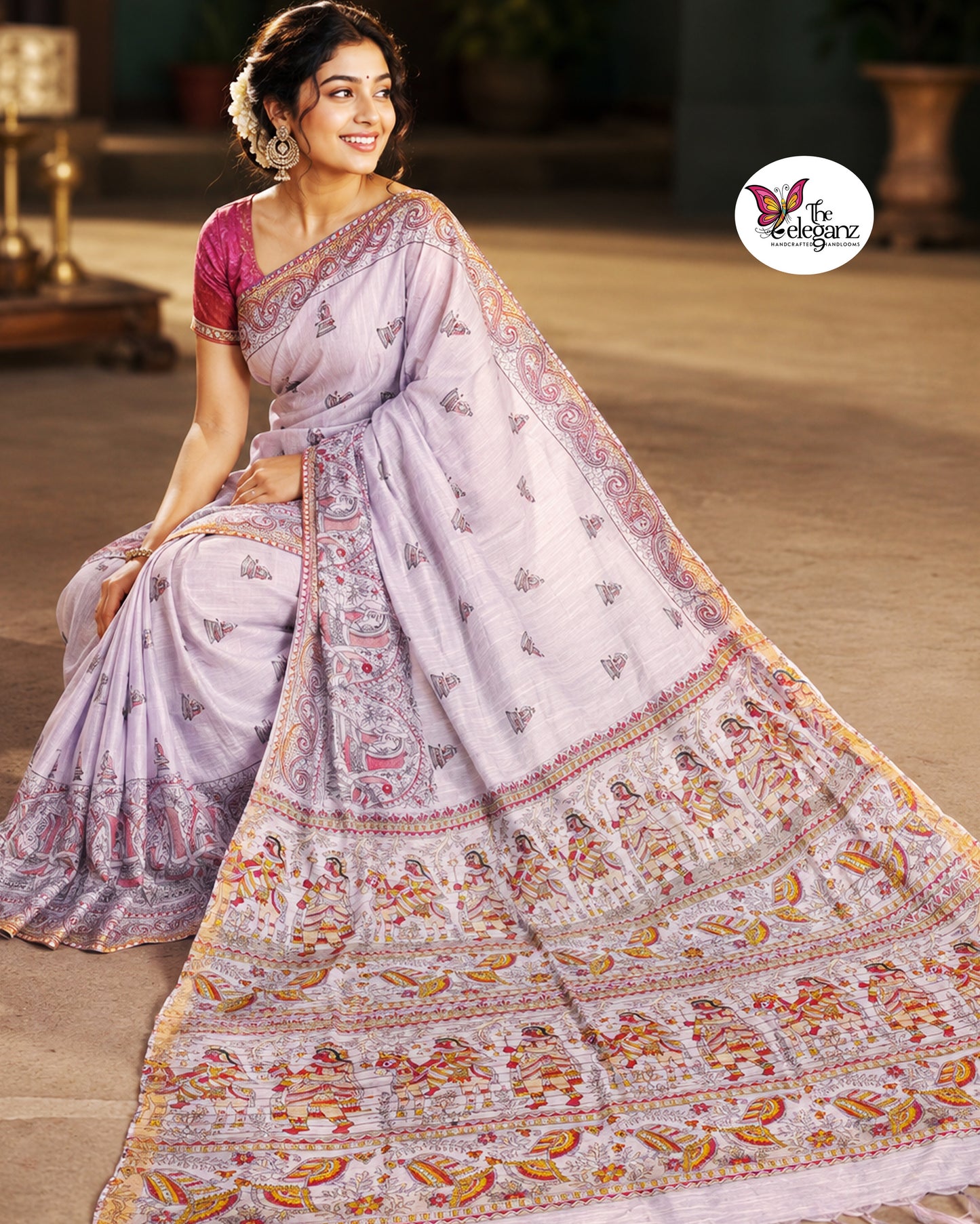 Woman draped in lavender Cotton Silk Madhubani saree featuring traditional folk art figures, paisley motifs, and intricate heritage-inspired decorative borders.