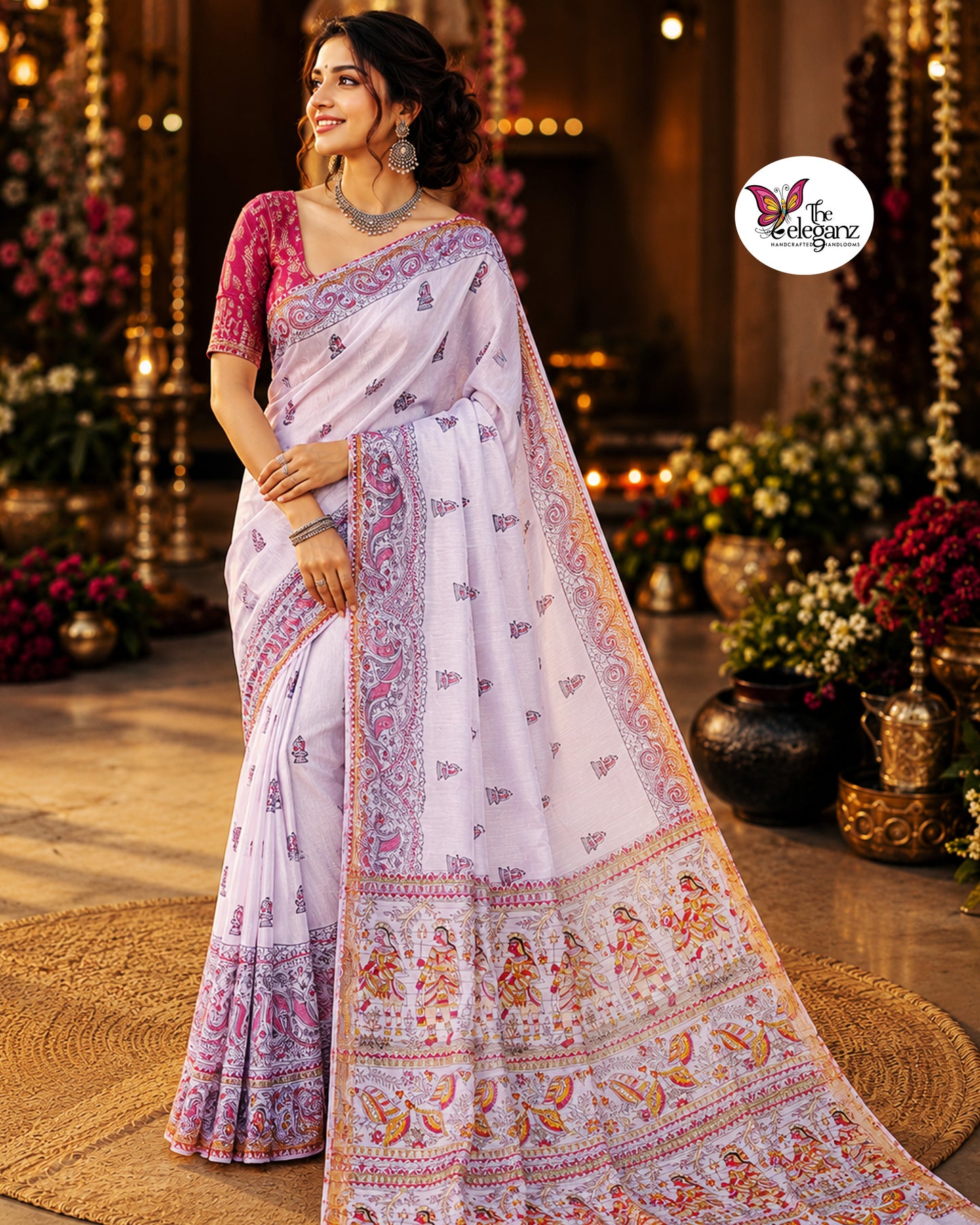 Woman draped in lavender Cotton Silk Madhubani saree featuring traditional folk art figures, paisley motifs, and intricate heritage-inspired decorative borders.