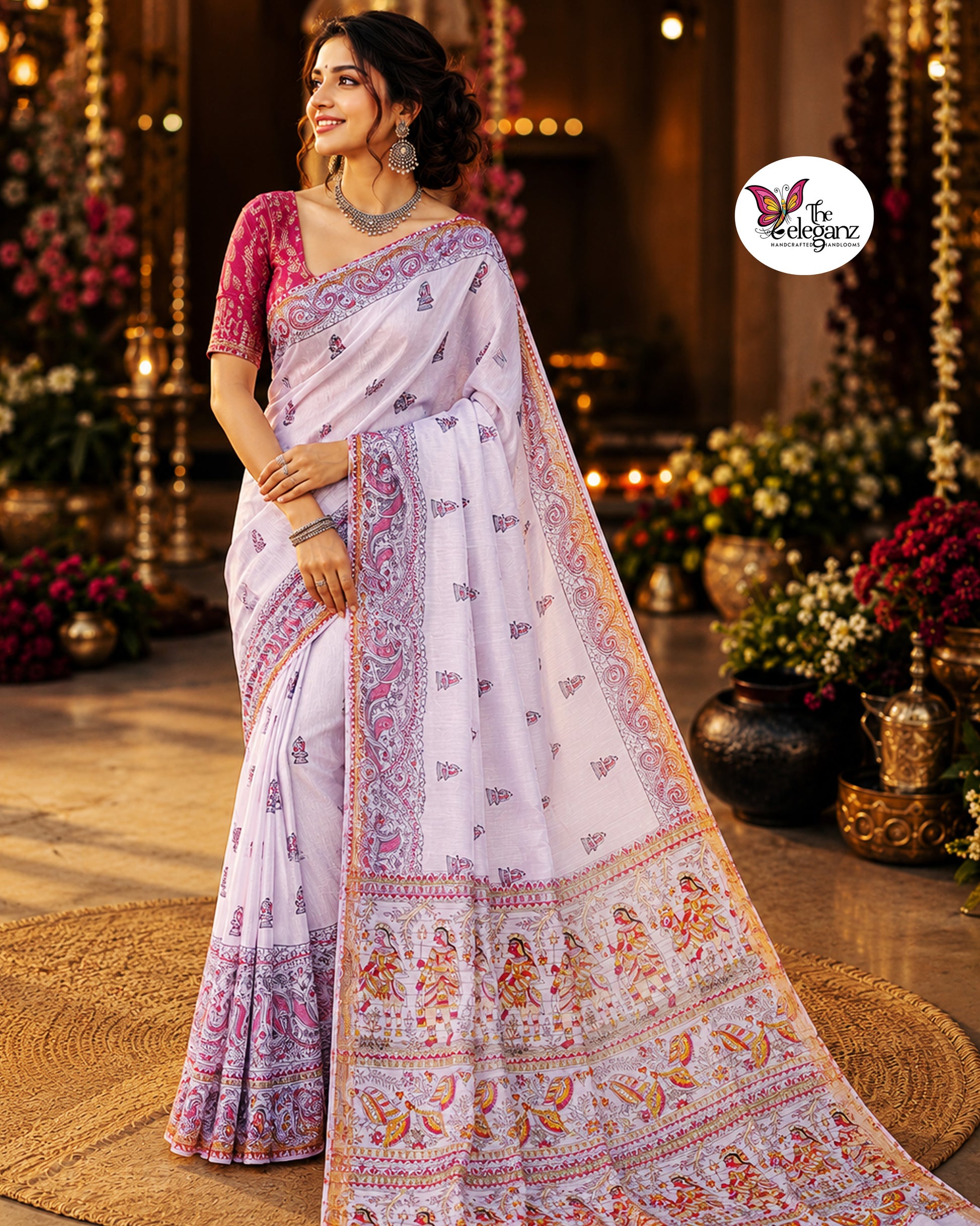 Woman draped in lavender Cotton Silk Madhubani saree featuring traditional folk art figures, paisley motifs, and intricate heritage-inspired decorative borders.