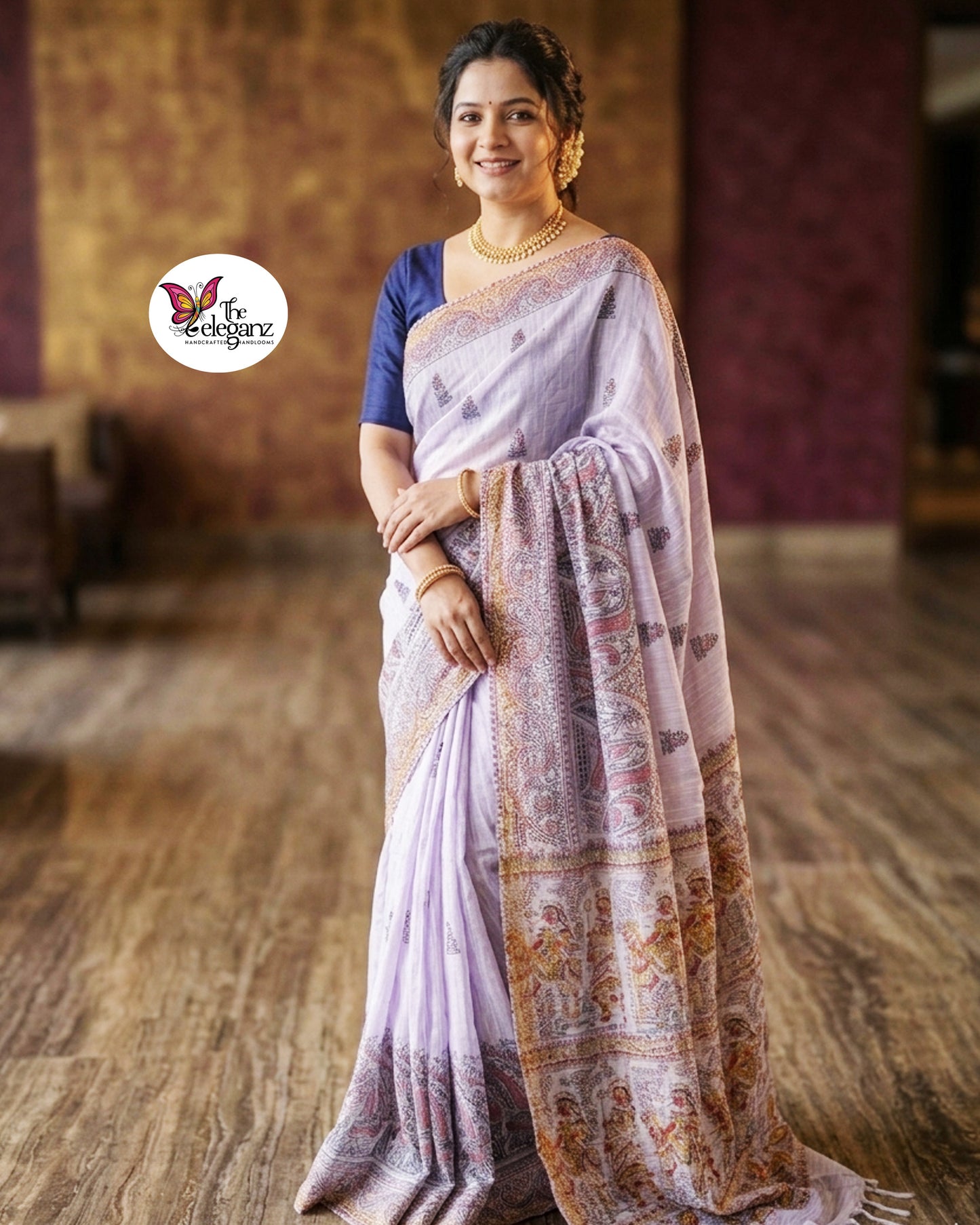 Madhurima – Lavender Cotton Silk Madhubani Saree with Traditional Folk Art Motifs