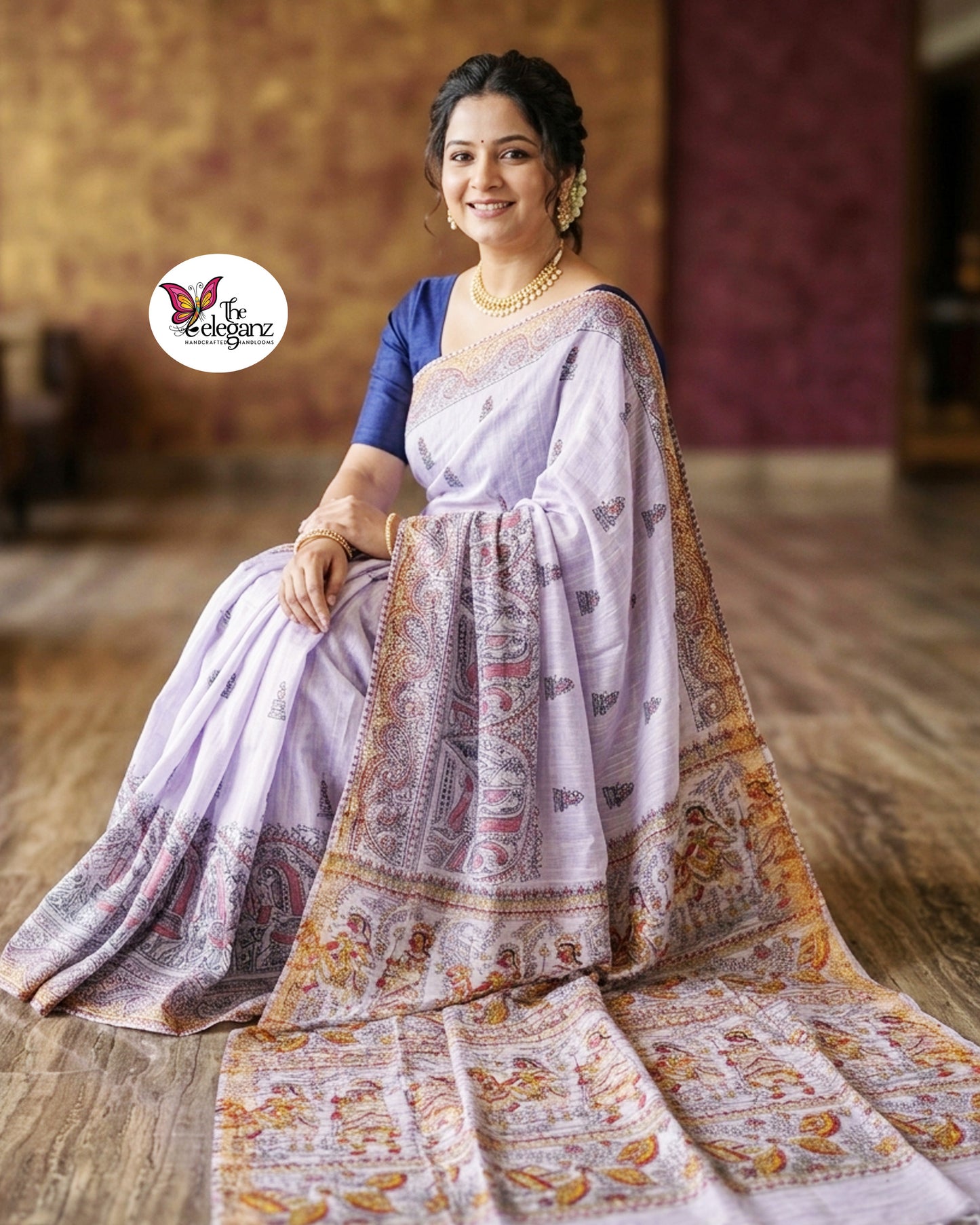 Madhurima – Lavender Cotton Silk Madhubani Saree with Traditional Folk Art Motifs