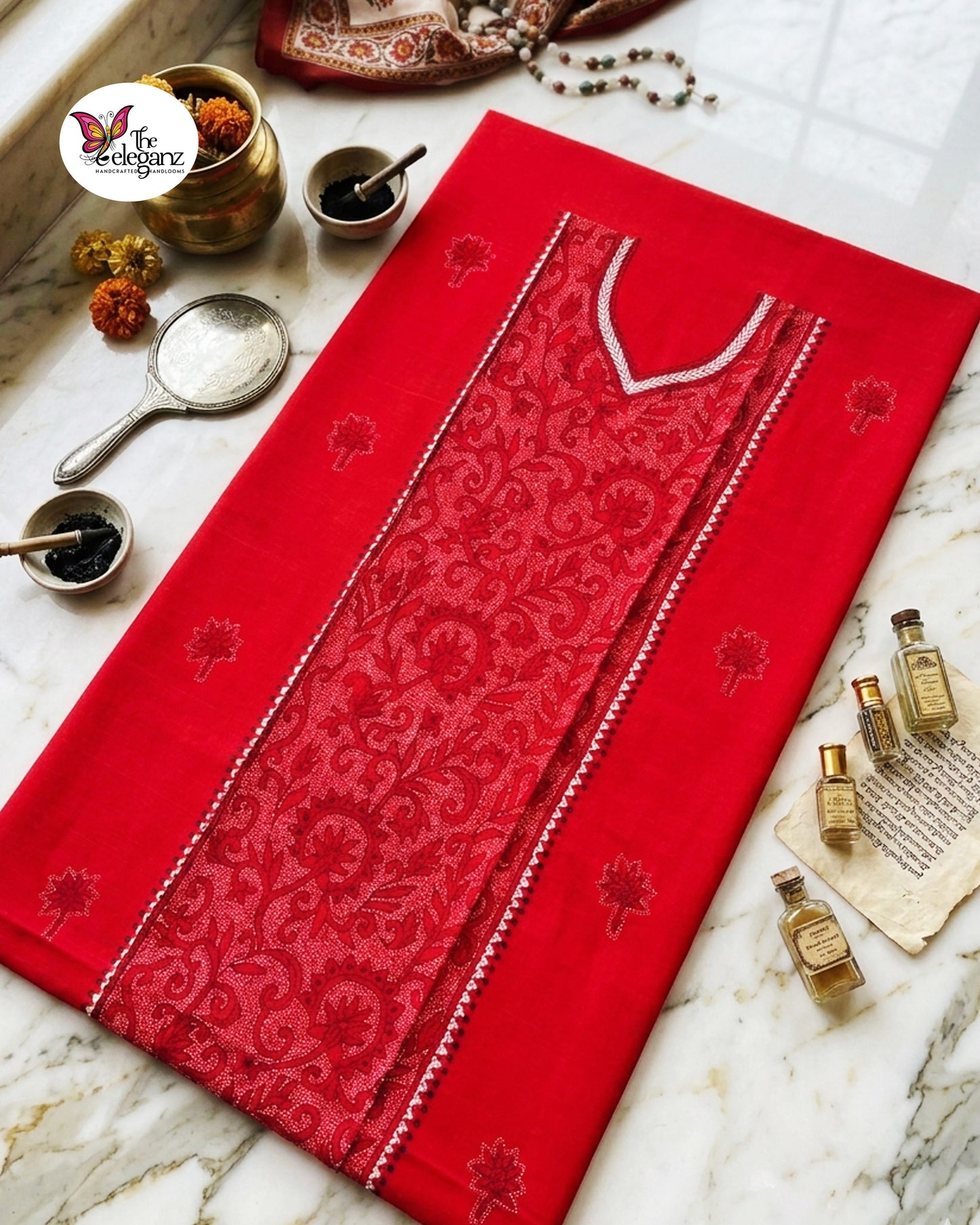 Lalima - Reverse Kantha Work Cotton Kamiz Piece (Dark Red)