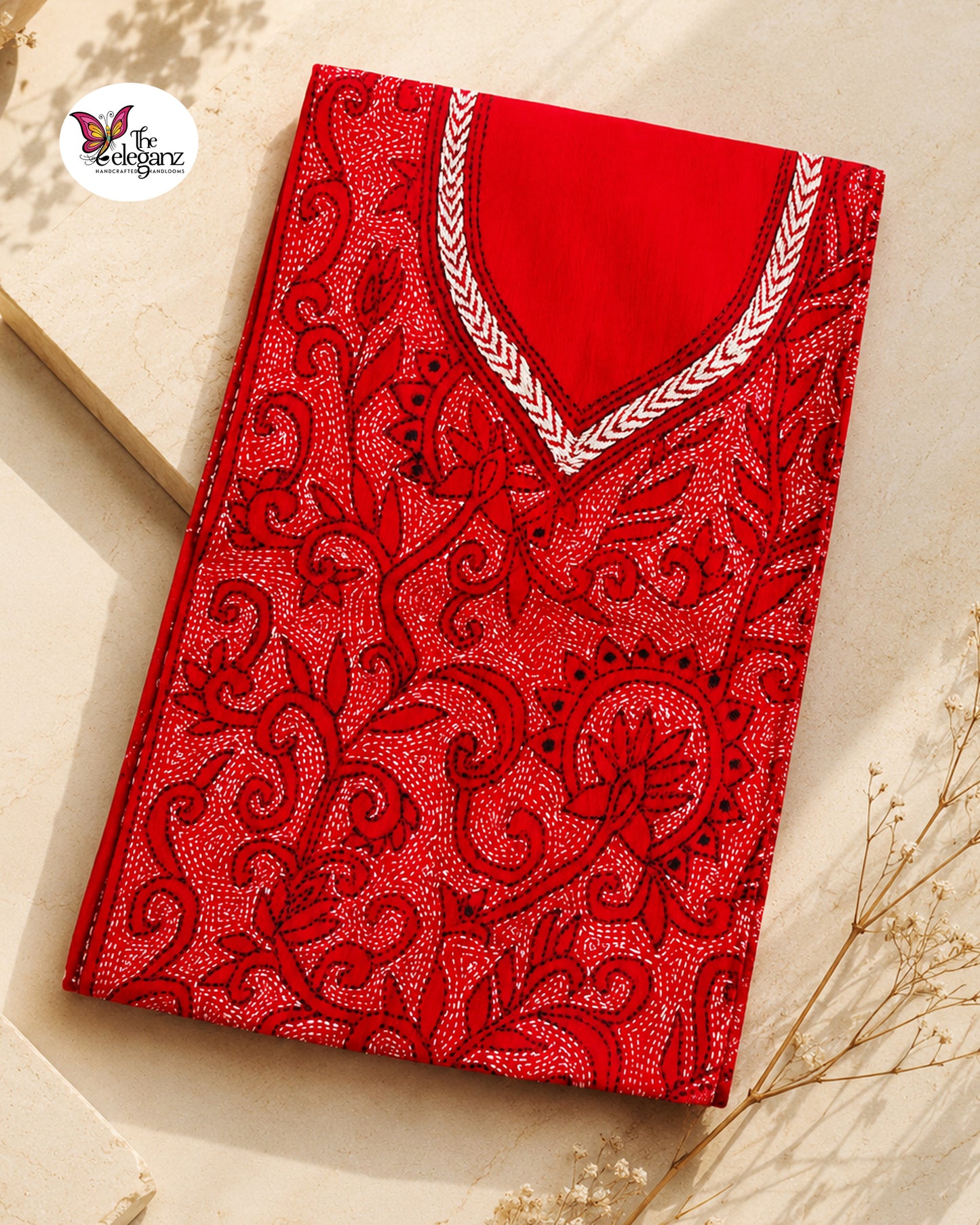 Lalima - Reverse Kantha Work Cotton Kamiz Piece (Dark Red)
