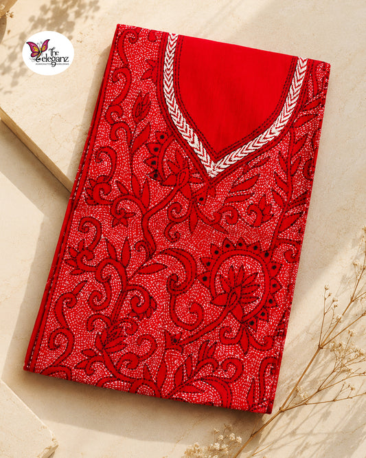 Lalima - Reverse Kantha Work Cotton Kamiz Piece (Dark Red)