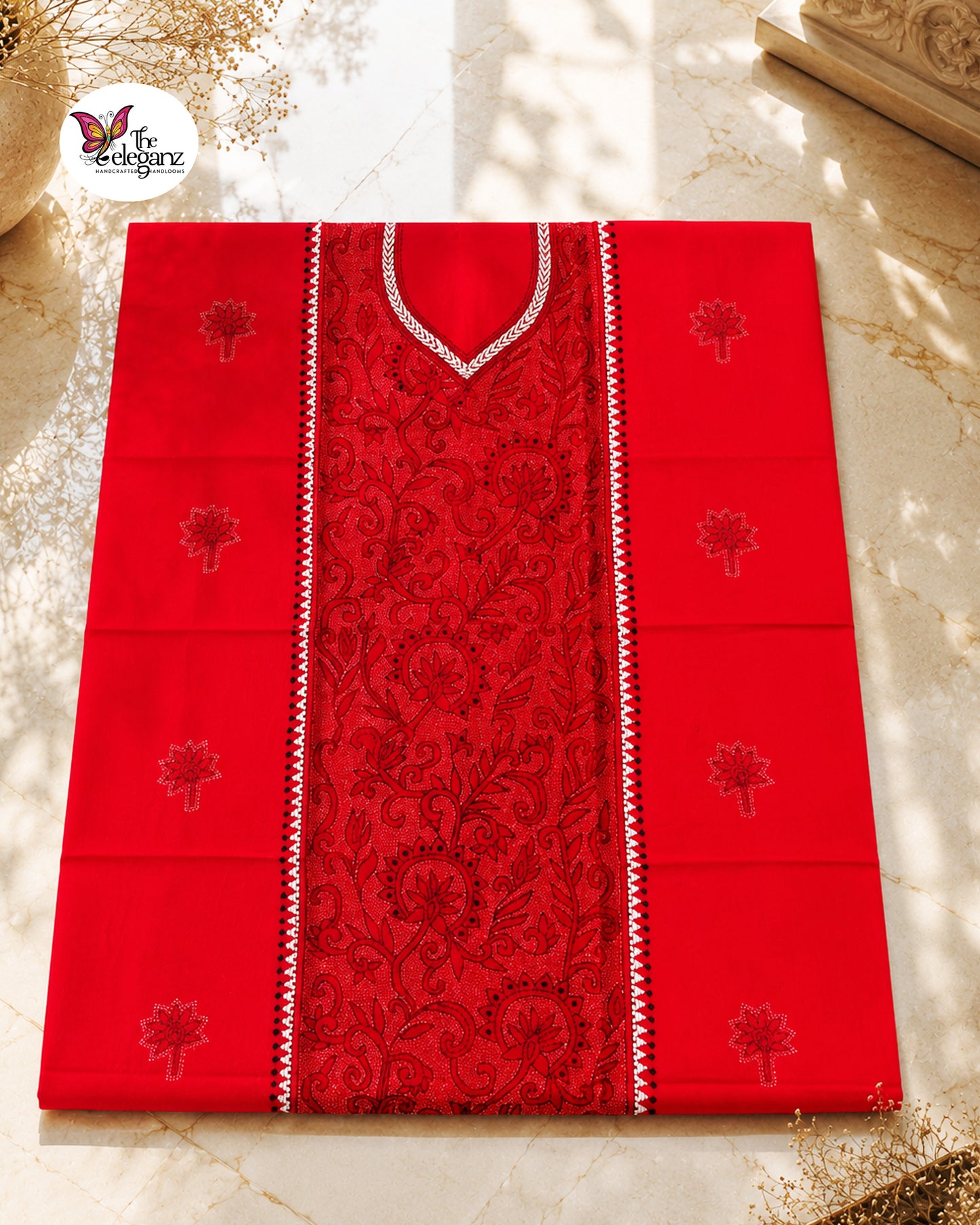 Lalima - Reverse Kantha Work Cotton Kamiz Piece (Dark Red)