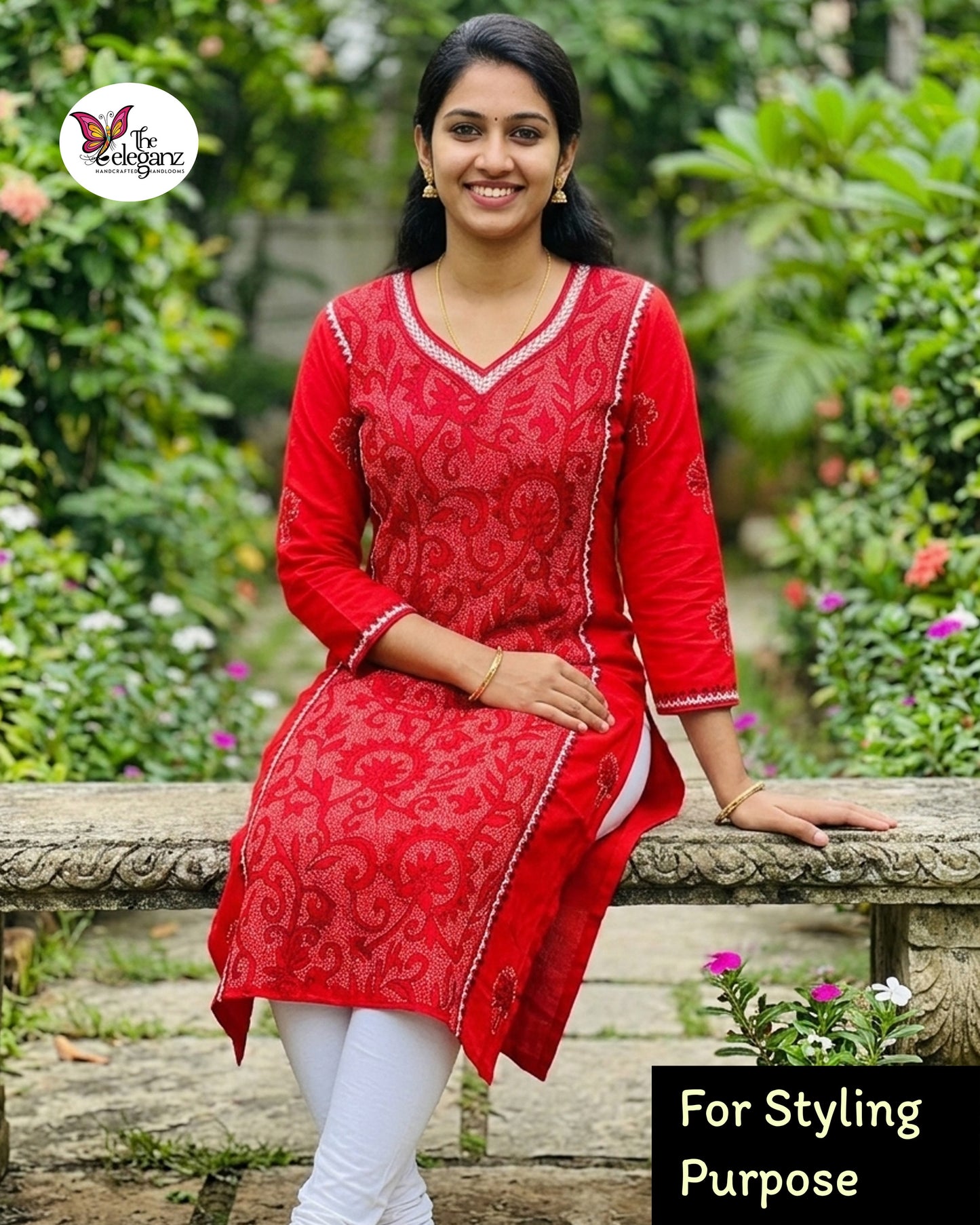 Lalima - Reverse Kantha Work Cotton Kamiz Piece (Dark Red)