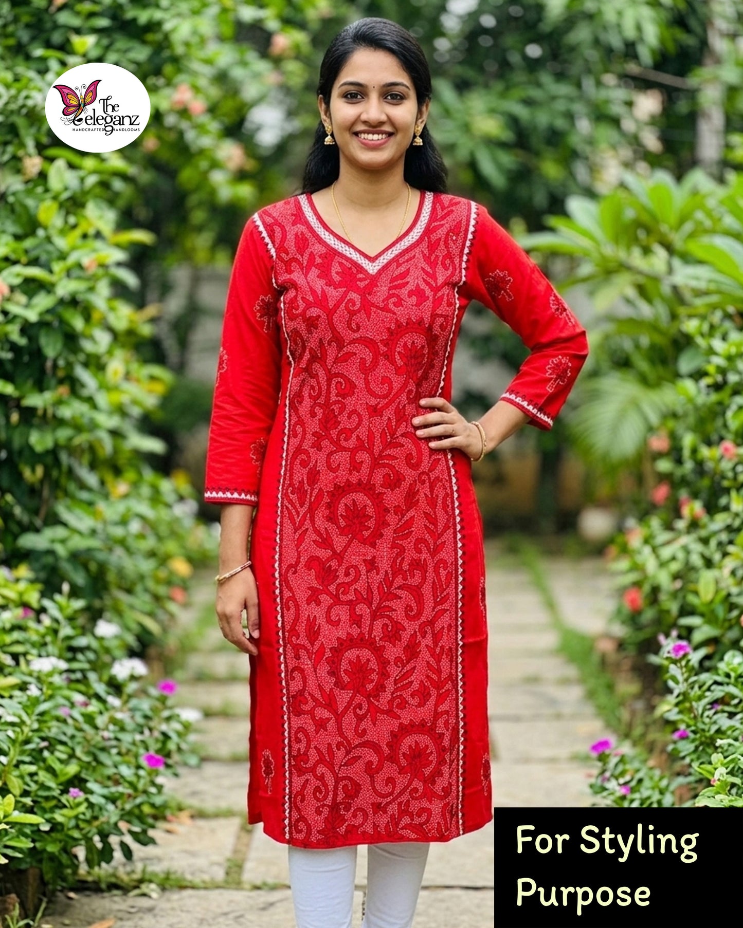 Lalima - Reverse Kantha Work Cotton Kamiz Piece (Dark Red)