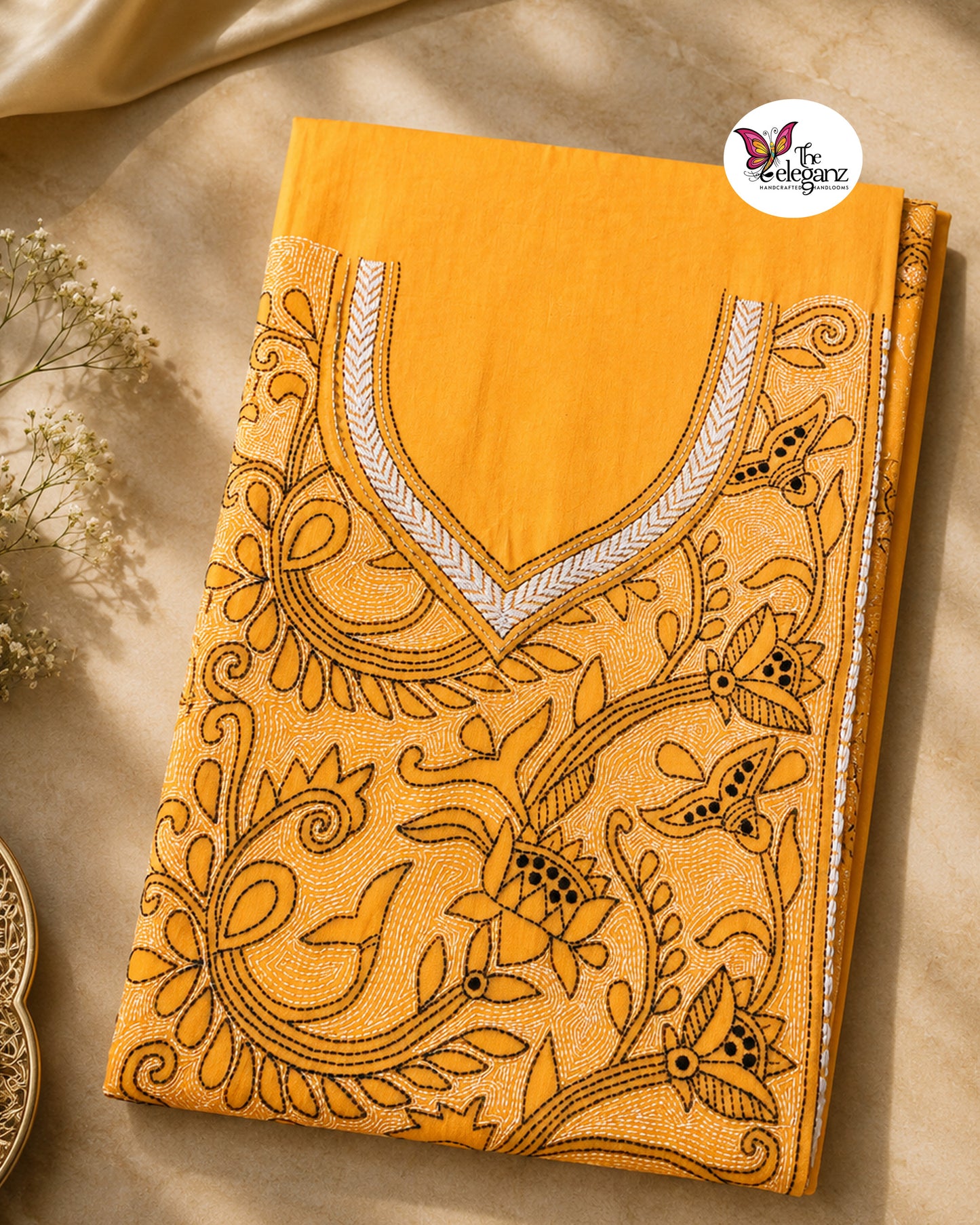 Hemangi – Light Yellow Reverse Kantha Cotton Kurti Piece