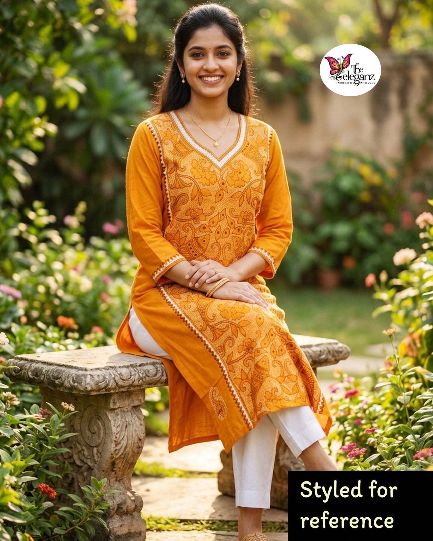 Kanaklata – Mustard Yellow Reverse Kantha Cotton Kurti Piece