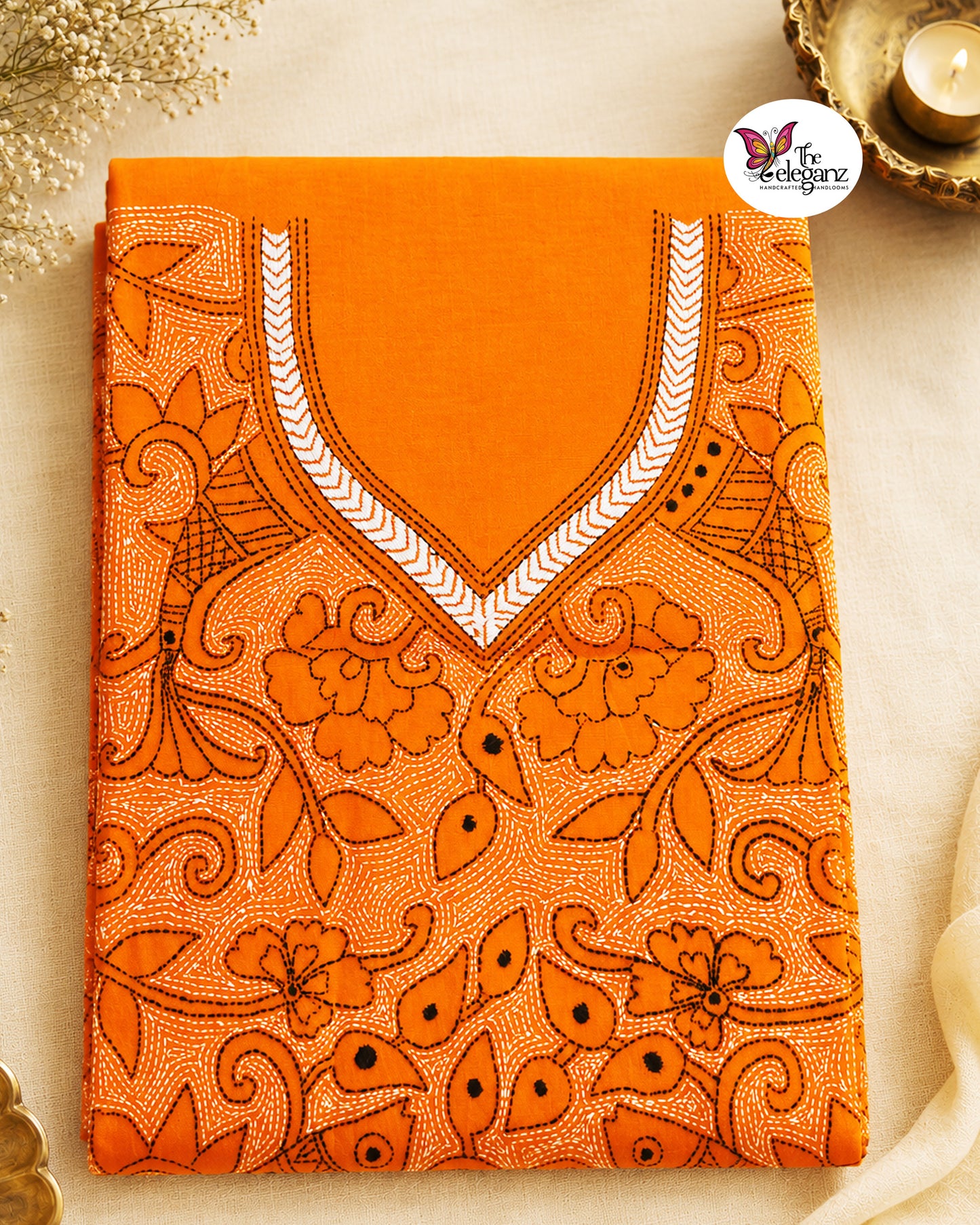 Kanaklata – Mustard Yellow Reverse Kantha Cotton Kurti Piece