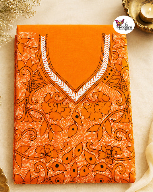 Kanaklata – Mustard Yellow Reverse Kantha Cotton Kurti Piece