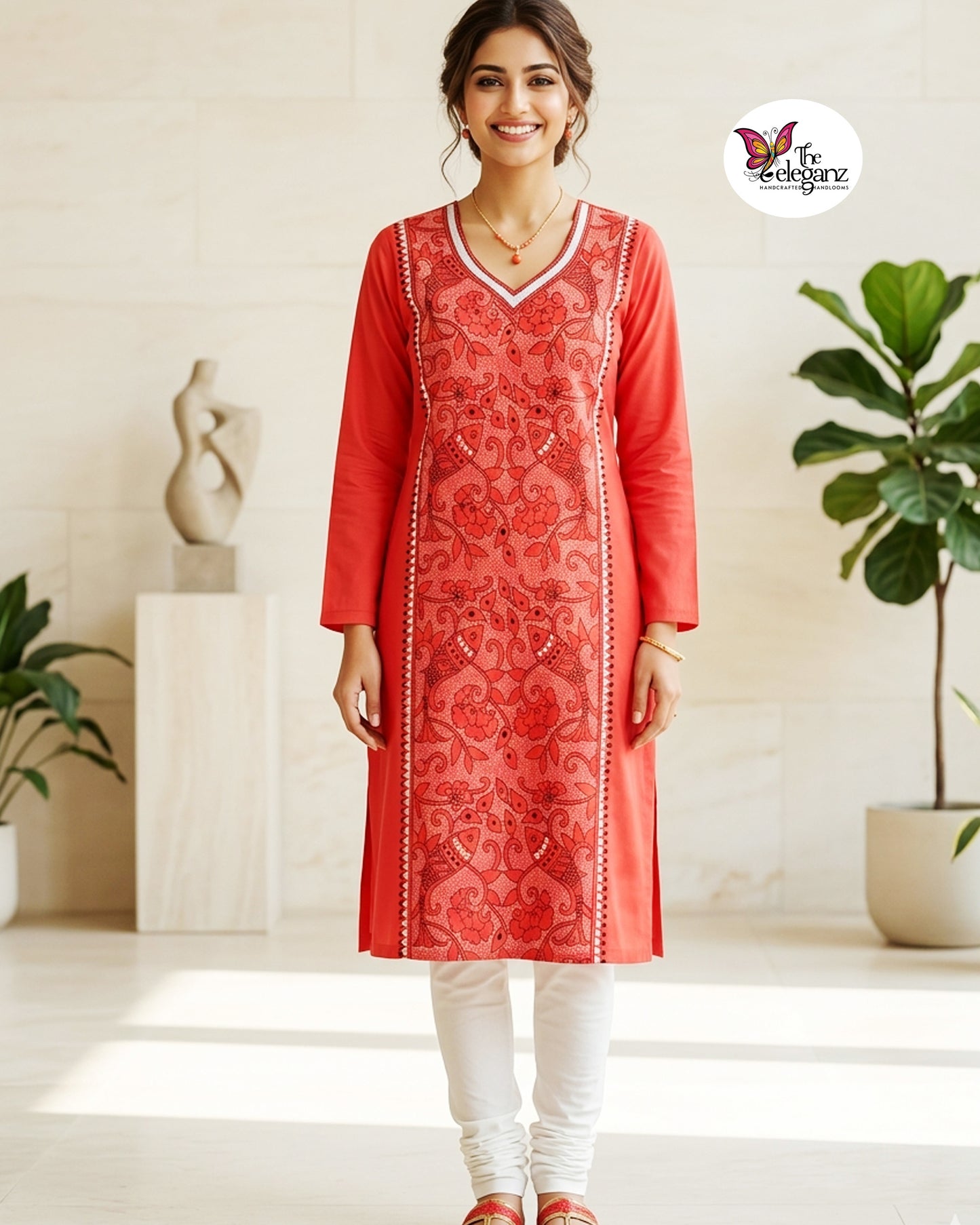 Mrinmayee – Tomato Red Reverse Kantha Fish Motif Cotton Kurti Piece