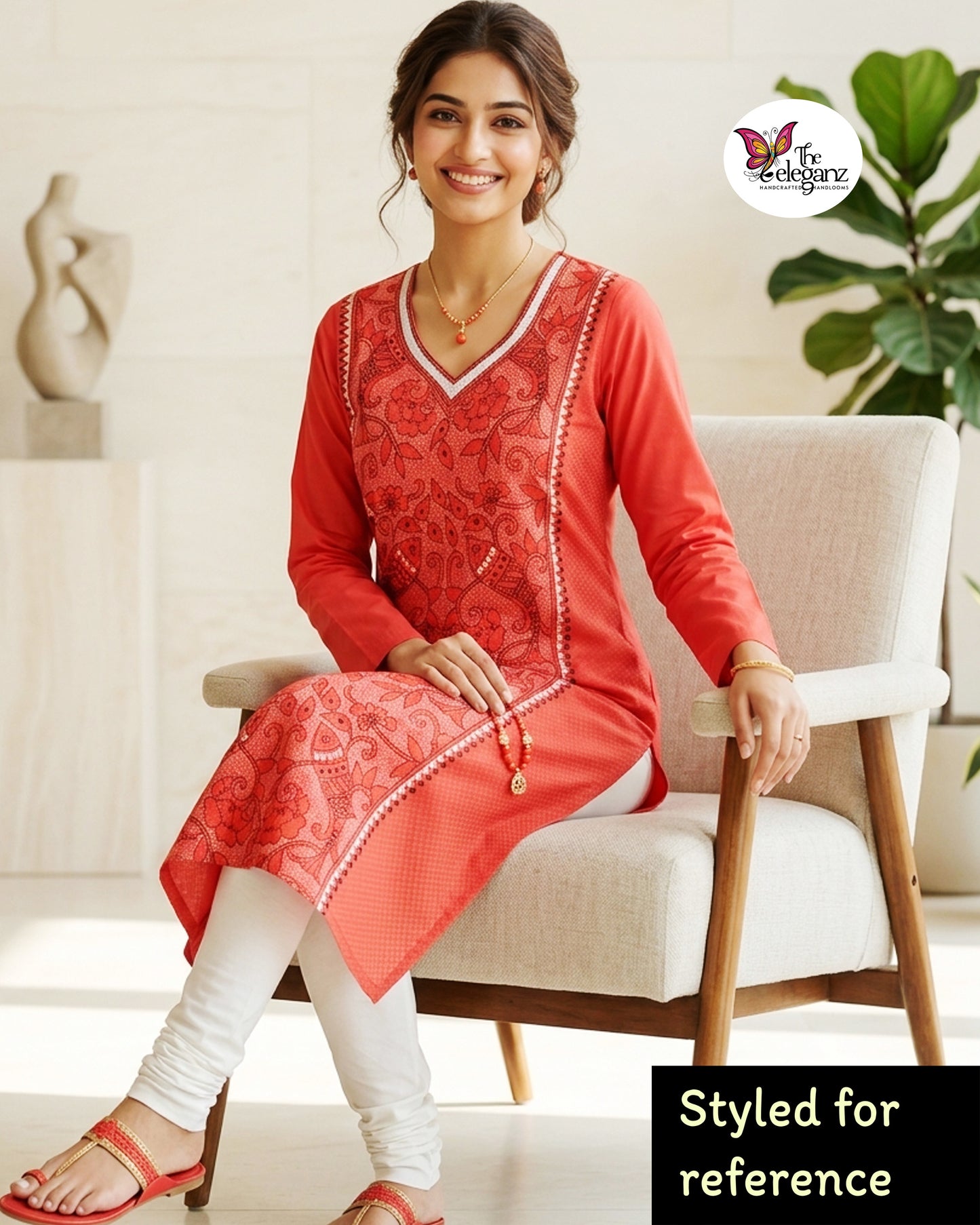 Mrinmayee – Tomato Red Reverse Kantha Fish Motif Cotton Kurti Piece