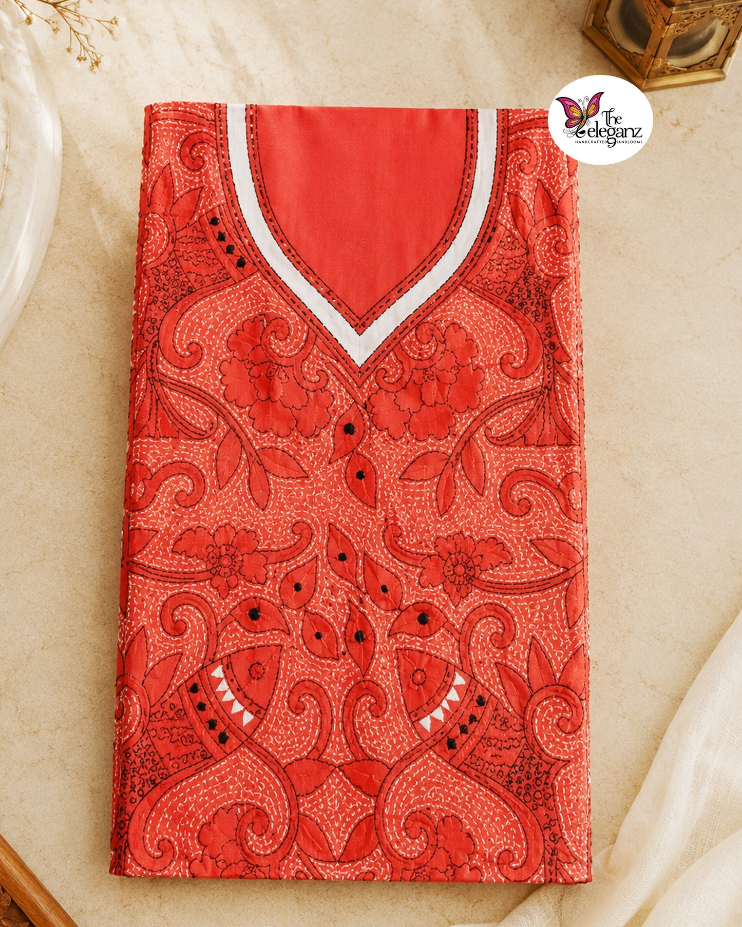 Mrinmayee – Tomato Red Reverse Kantha Fish Motif Cotton Kurti Piece