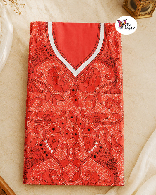 Mrinmayee – Tomato Red Reverse Kantha Fish Motif Cotton Kurti Piece